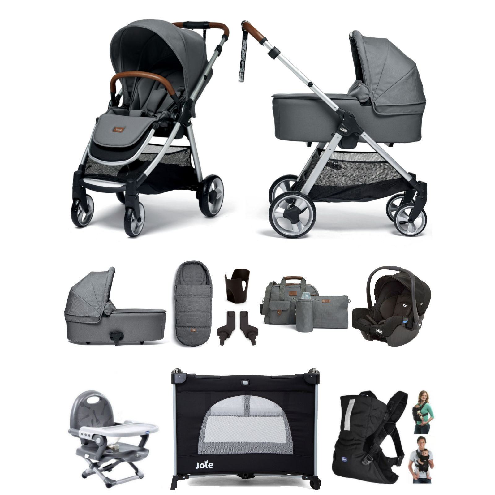 Mamas & Papas Flip XT2 10pc Essentials (Gemm Car Seat) Everything You Need Travel System Bundle with Carrycot - Fossil Grey