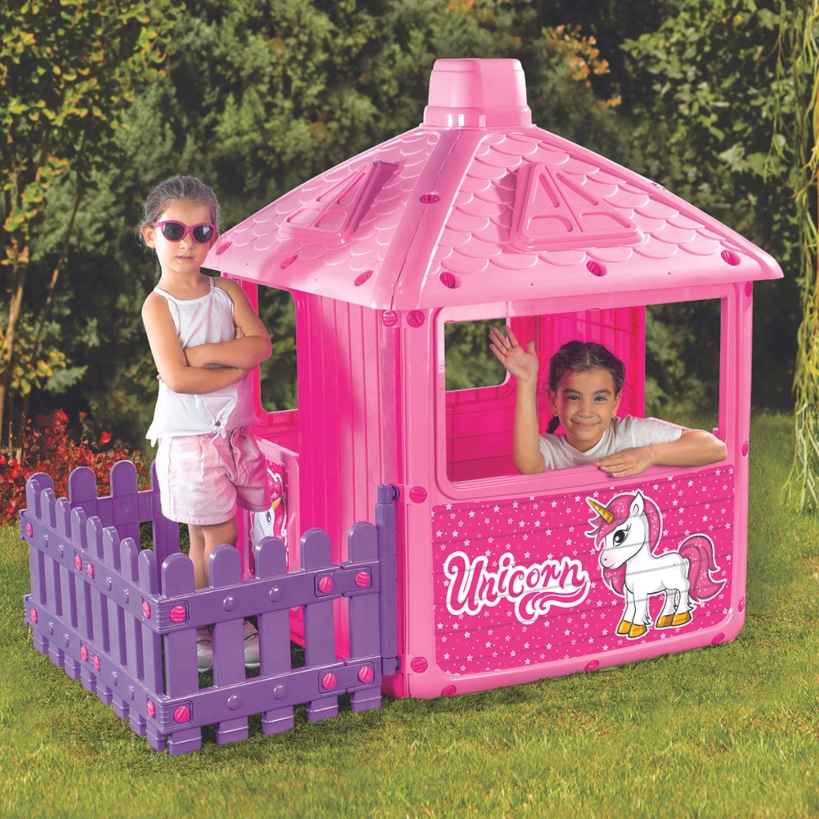 Unicorn Kids Indoor/Outdoor Playhouse with Fence - Pink