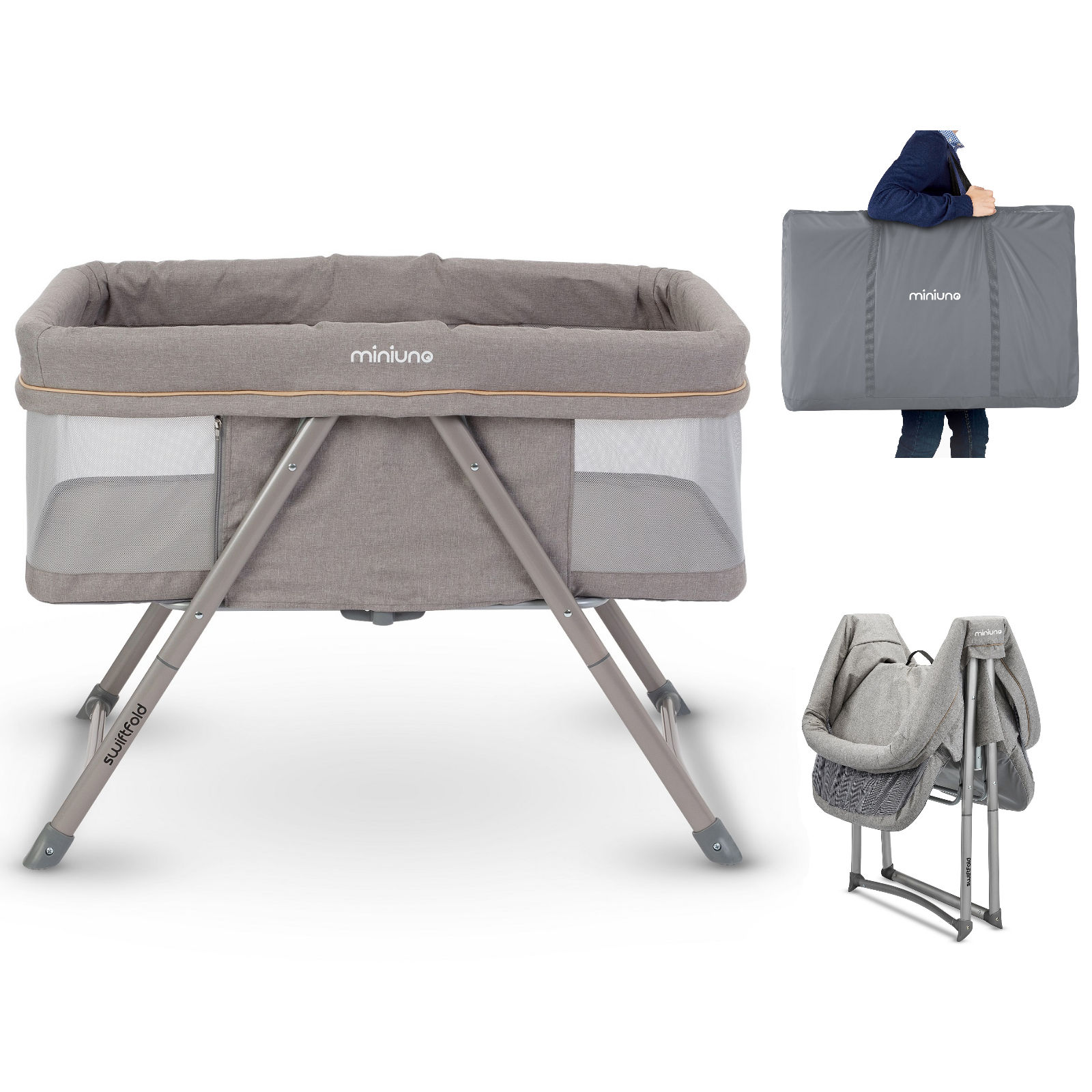 Mini-Uno SwiftFold Bedside Foldable Crib - Light Grey