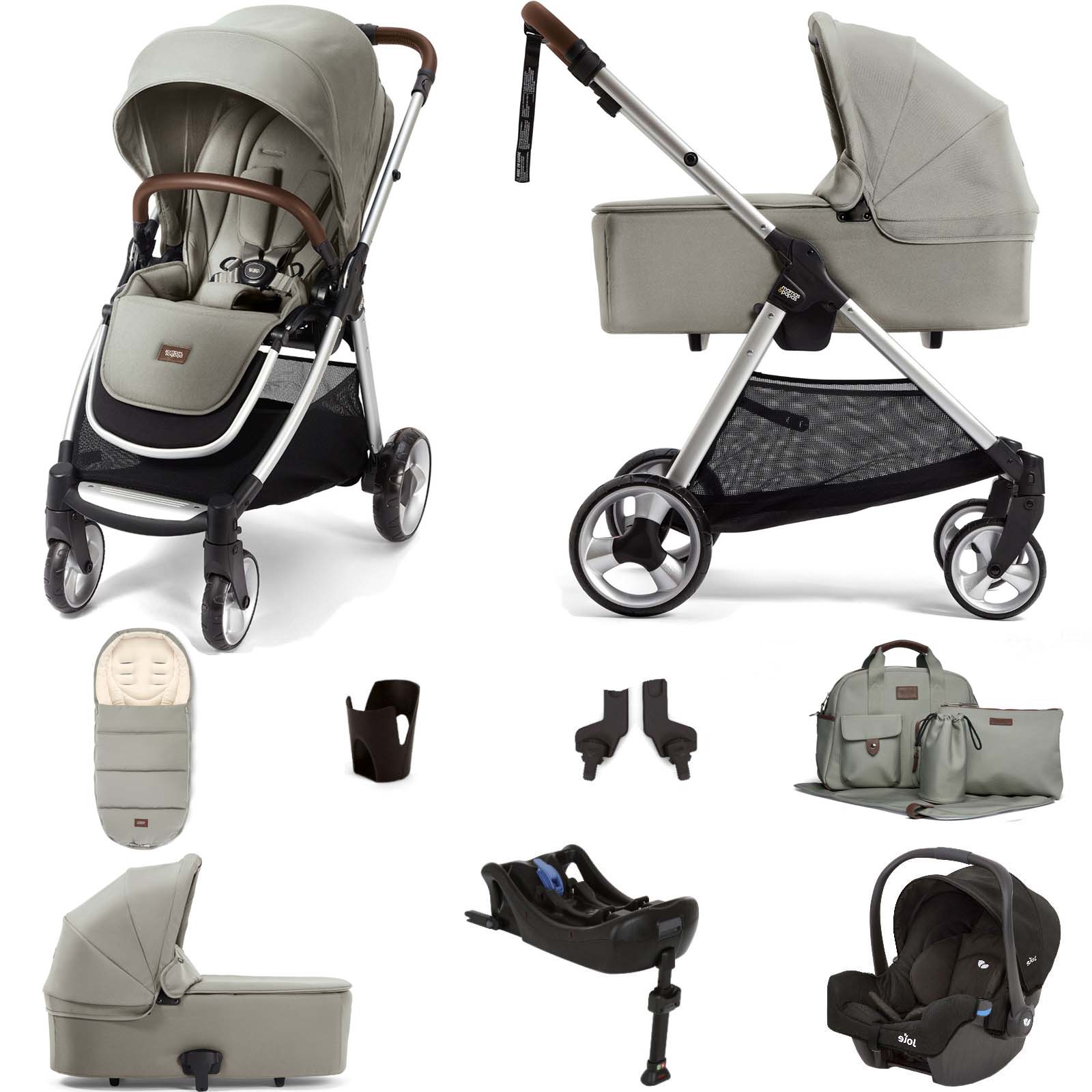 Mamas & Papas Flip XT2 8pc Essentials (Gemm Car Seat) Travel System with Carrycot & ISOFIX Base - Sage Green