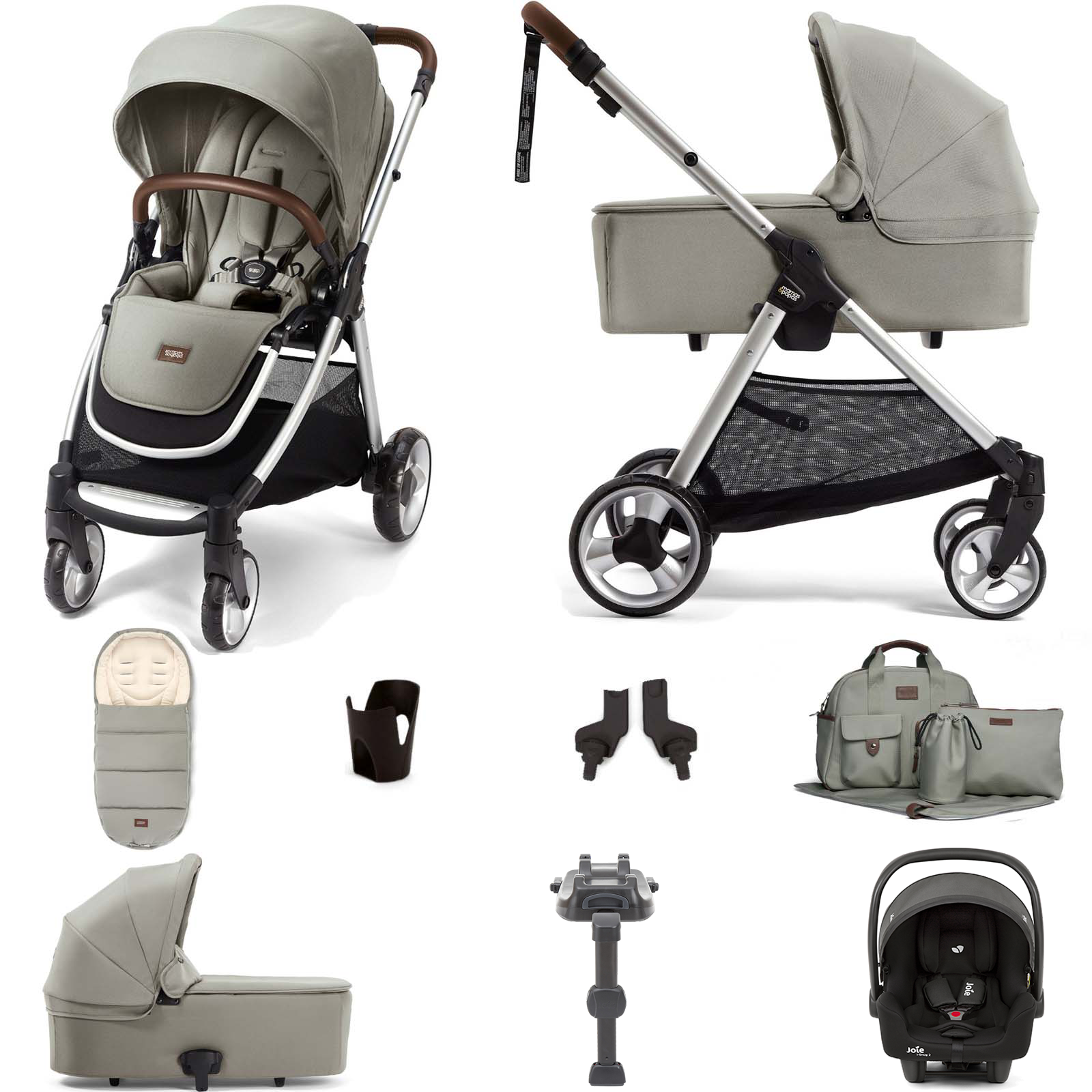 Mamas & Papas Flip XT2 8pc Essentials (i-Size 2 Car Seat) Travel System with Carrycot & ISOFIX Base - Sage Green