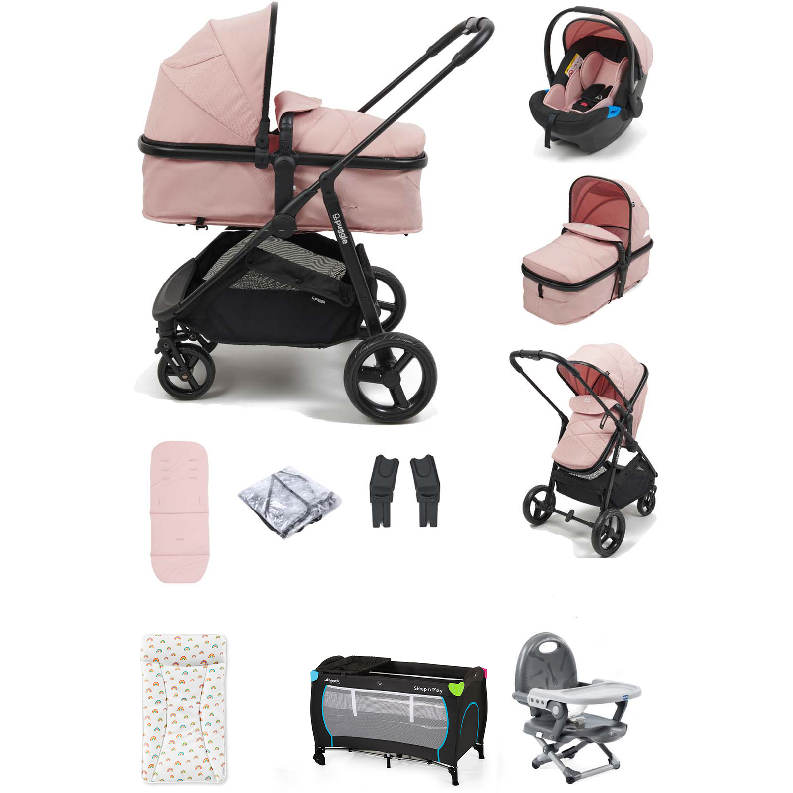 Puggle Monaco XT 2in1 Pram Pushchair Everything You Need Travel System Bundle - Blush