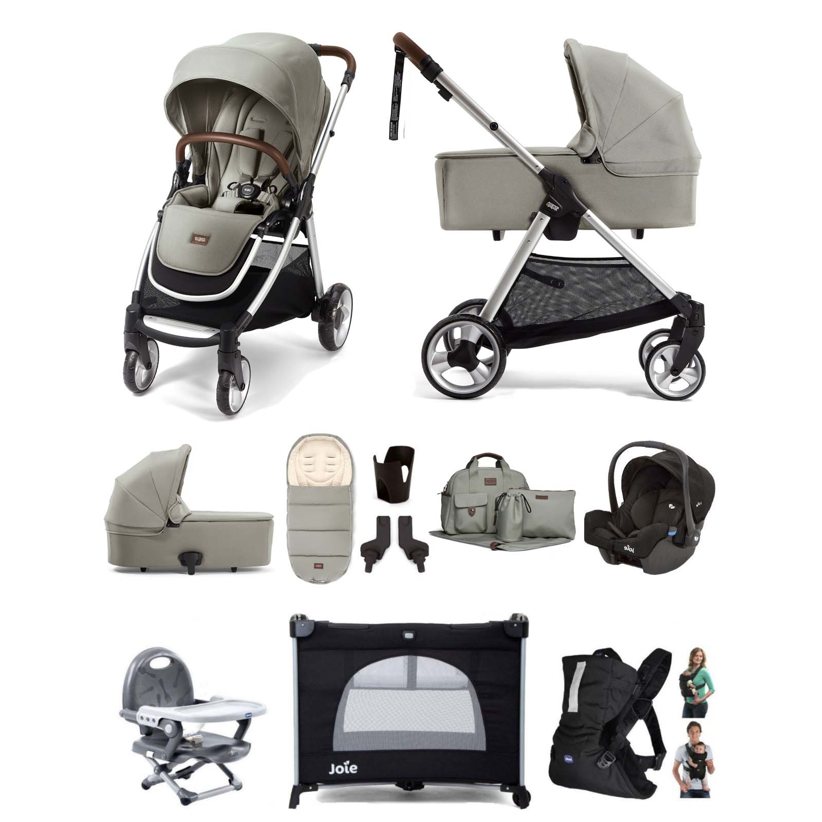 Mamas & Papas Flip XT2 10pc Essentials (Gemm Car Seat) Everything You Need Travel System Bundle with Carrycot - Sage Green
