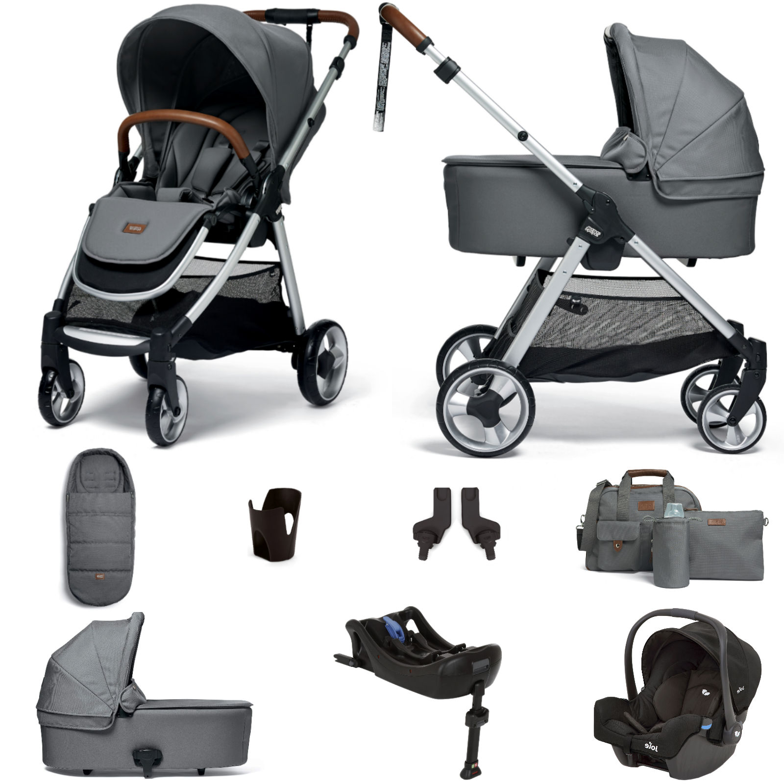 Mamas & Papas Flip XT2 8pc Essentials (Gemm Car Seat) Travel System with Carrycot & ISOFIX Base - Fossil Grey...