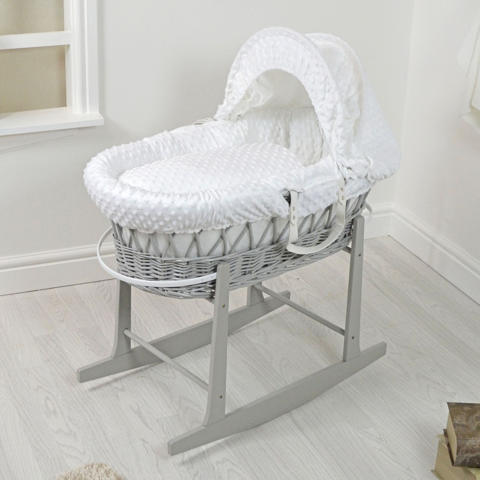 4Baby Padded Grey Wicker Moses Basket & Rocking Stand - White Dimple...