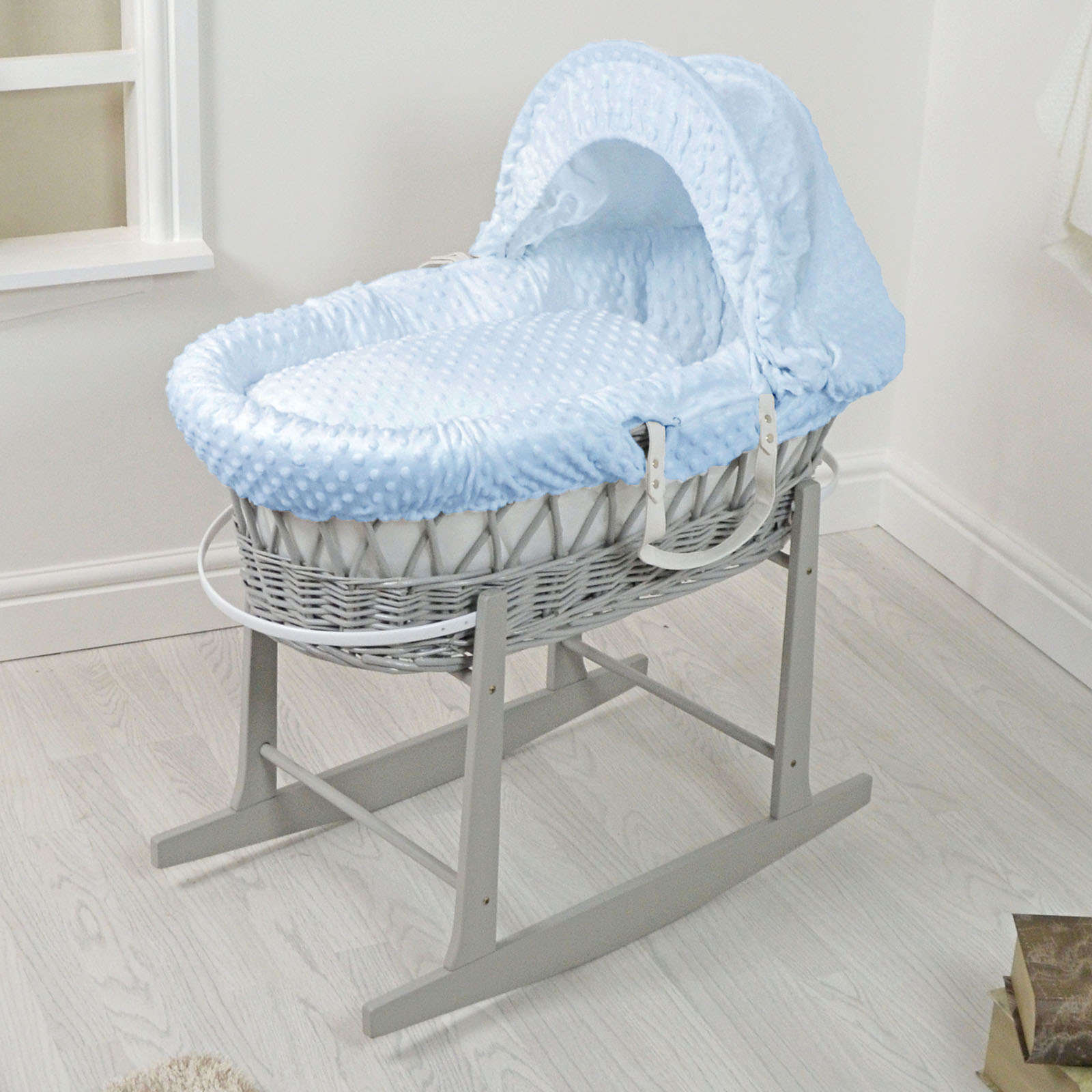 4Baby Padded Grey Wicker Moses Basket & Rocking Stand - Blue Dimple...