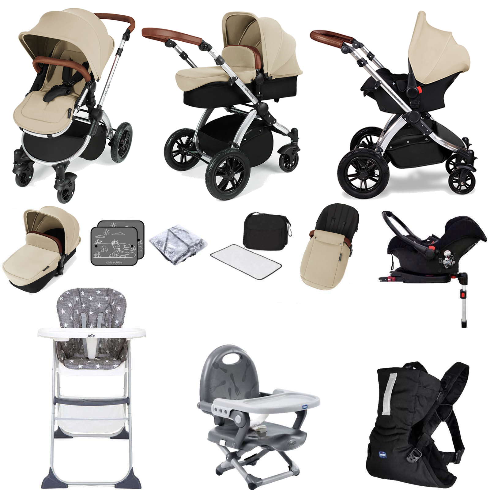 Ickle Bubba Stomp V3 Galaxy (Silver Frame) Everything You Need Travel System Bundle - Sand 