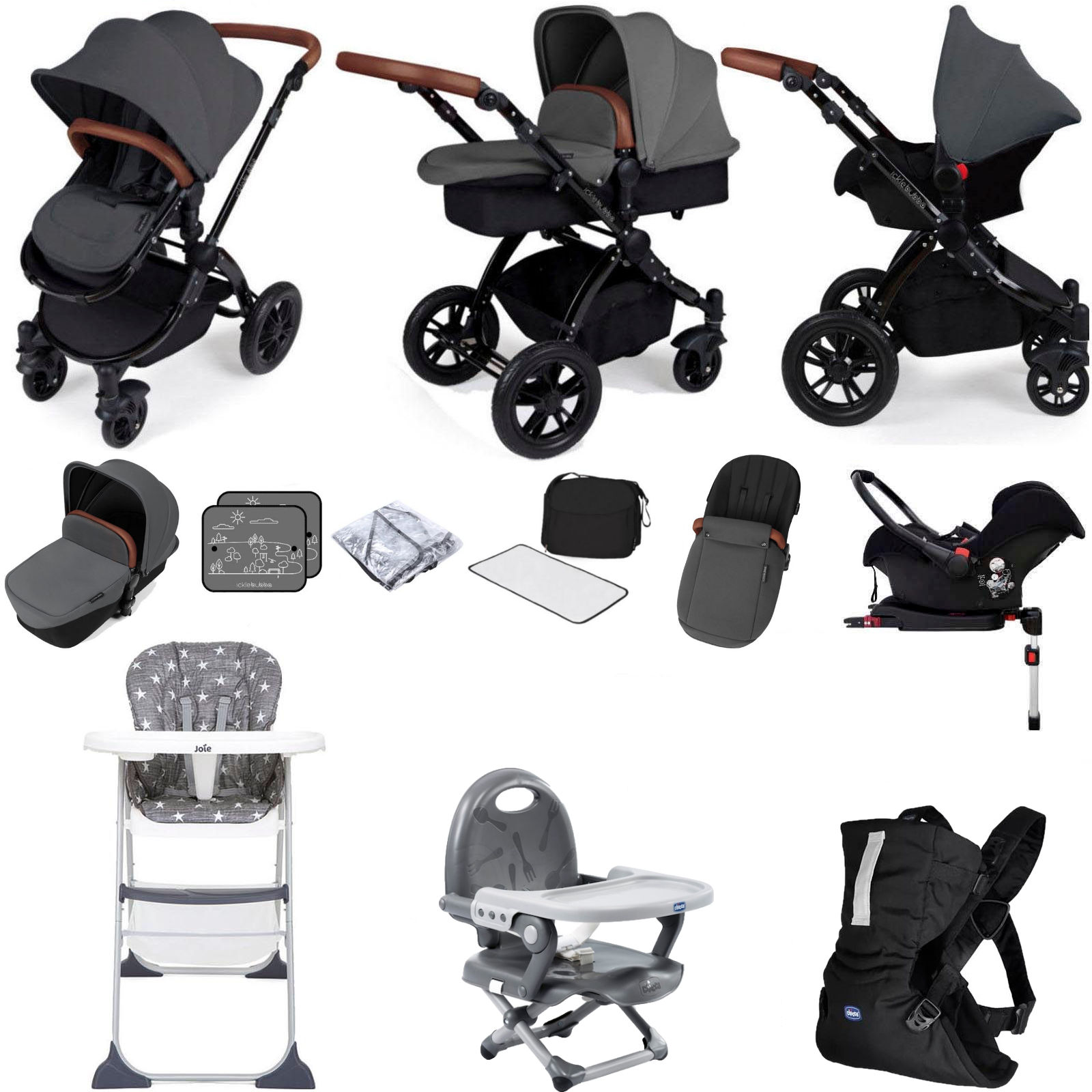 Ickle Bubba Stomp V3 Galaxy (Black Frame) Everything You Need ISOFIX Travel System Bundle - Graphite Grey