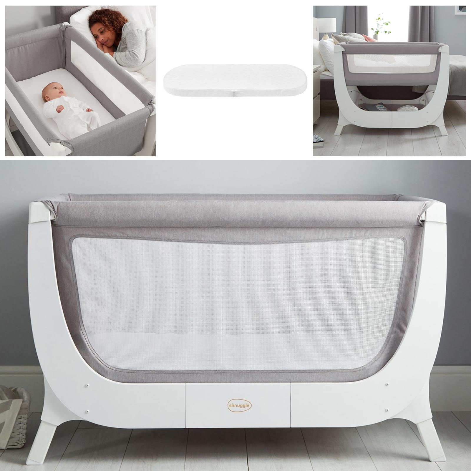 Shnuggle Air Bedside Crib & Cot With Mattress - Dove Grey