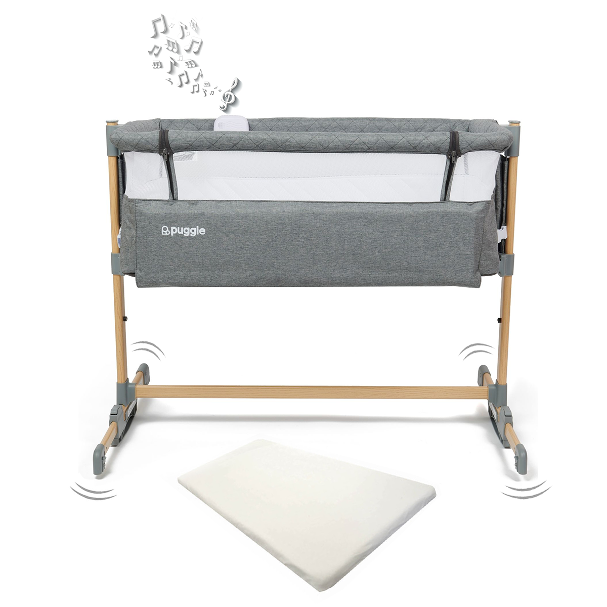 Puggle Sleepy Luxe Bedside Crib with Rocking, Lights, Sound & Fitted Sheet - Graphite Grey / Wood