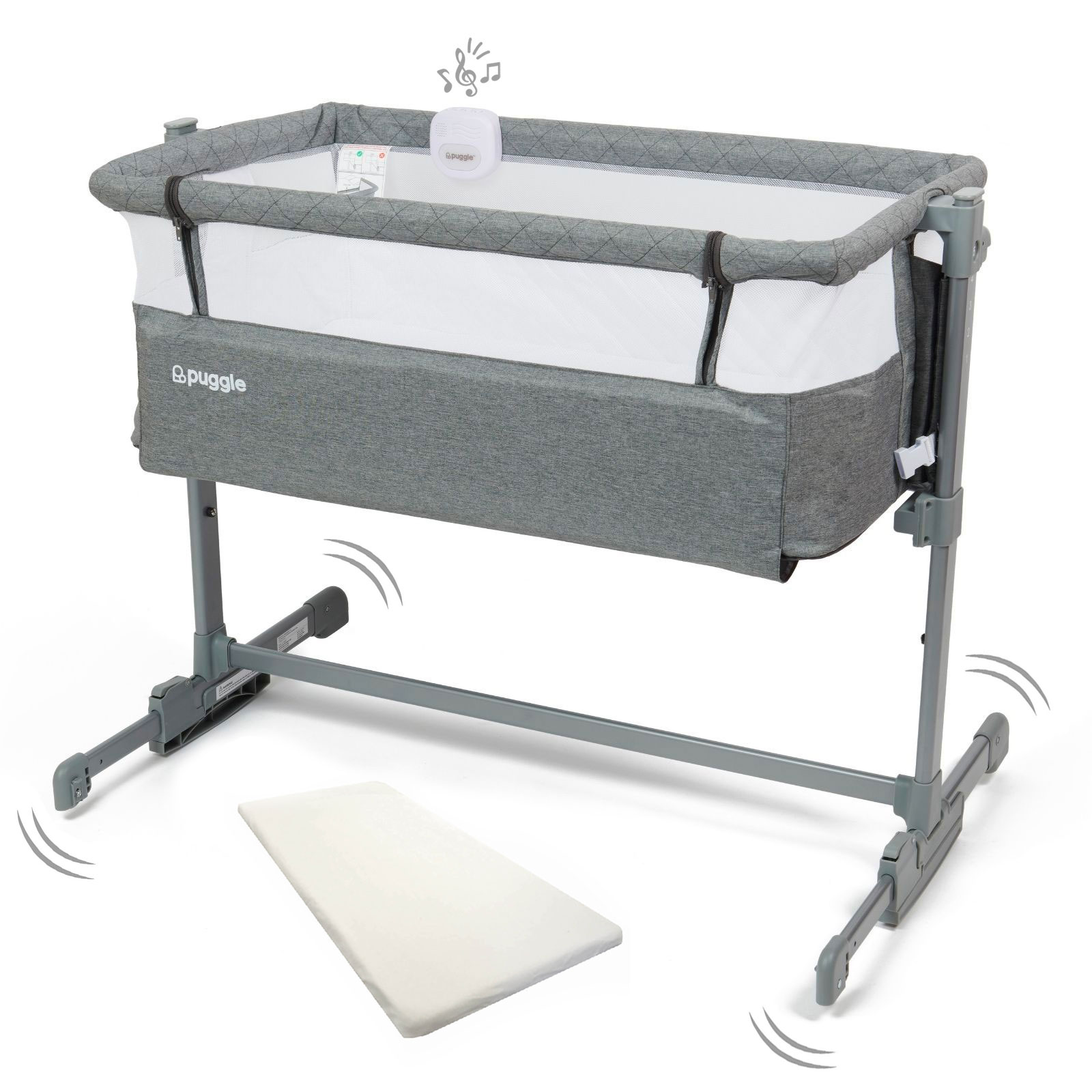 Puggle Sleepy Rocking Bedside Crib with Musical Lights and Sounds & Fitted Sheet - Graphite Grey | Buy at Online4baby