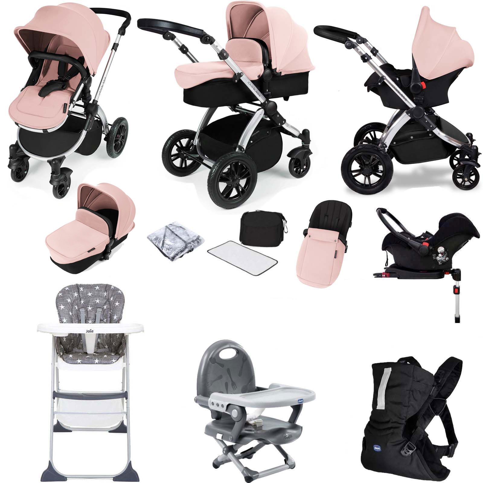 Ickle Bubba Stomp V3 Galaxy (Chrome Frame) Everything You Need Travel System Bundle - Pink