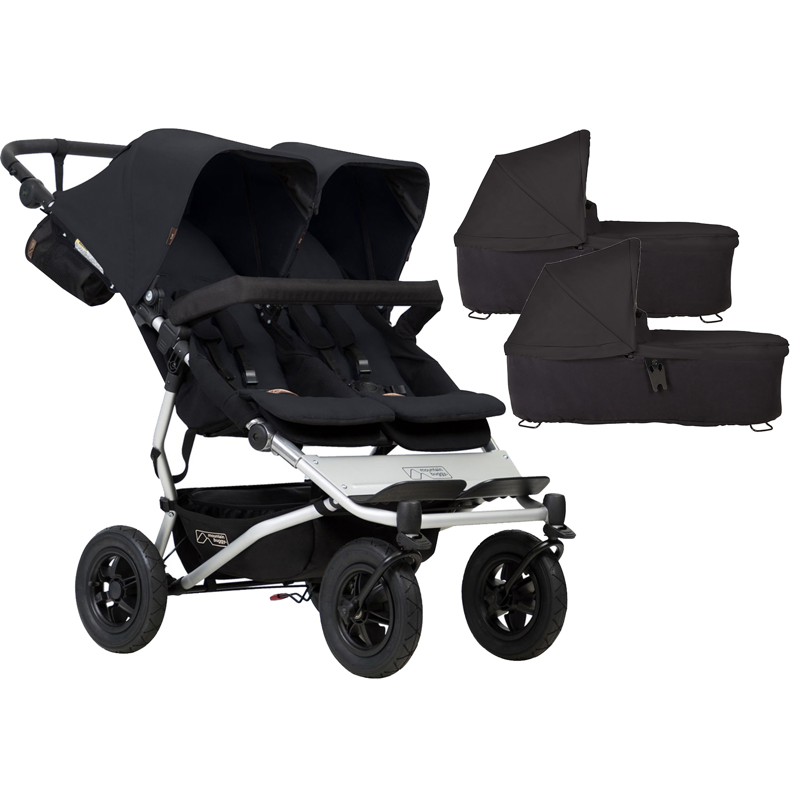 Mountain Buggy Duet V3 Twin Pushchair & 2 Carrycots with Left Clip - Black