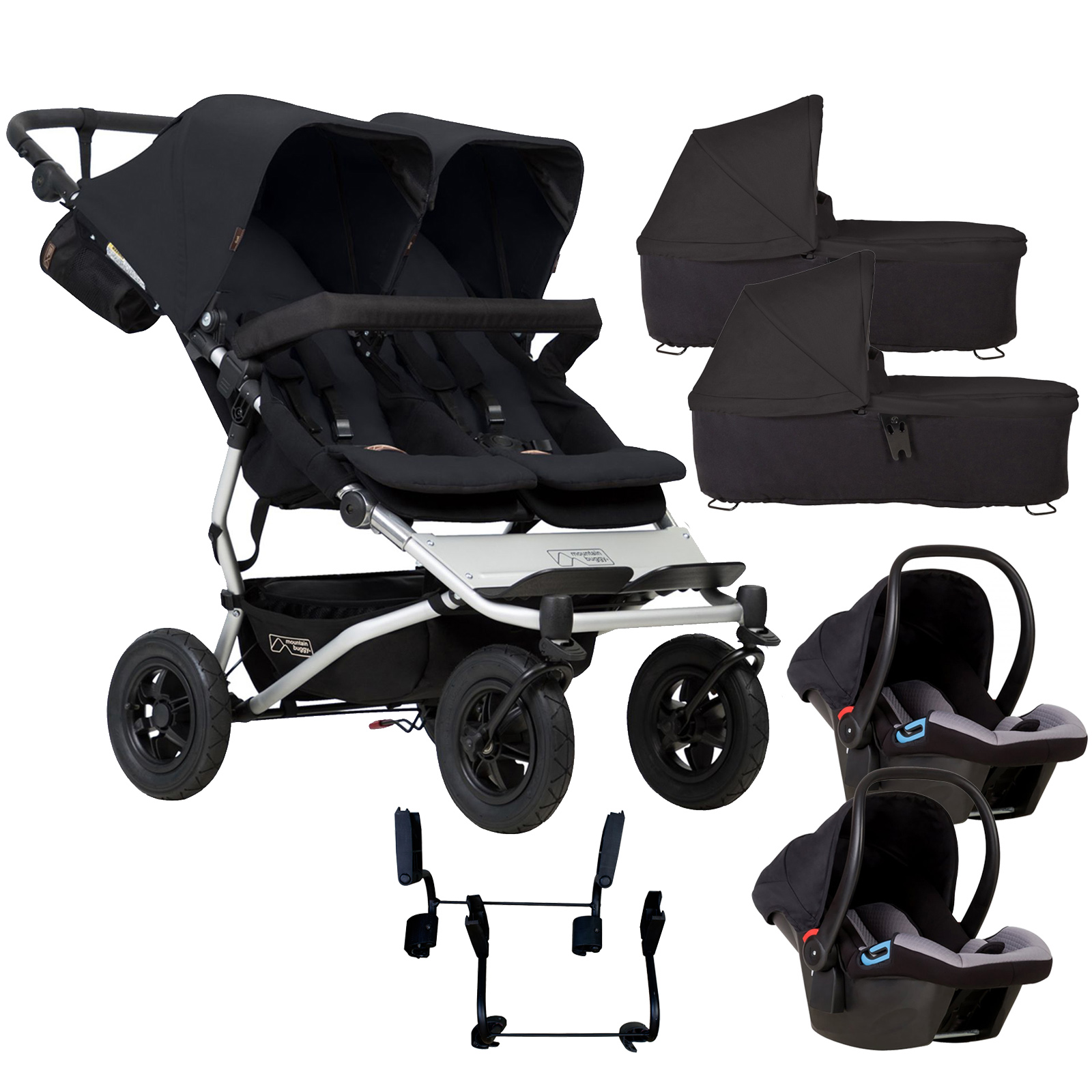Mountain Buggy Duet V3 Double Travel System & 2 Carrycots - Black