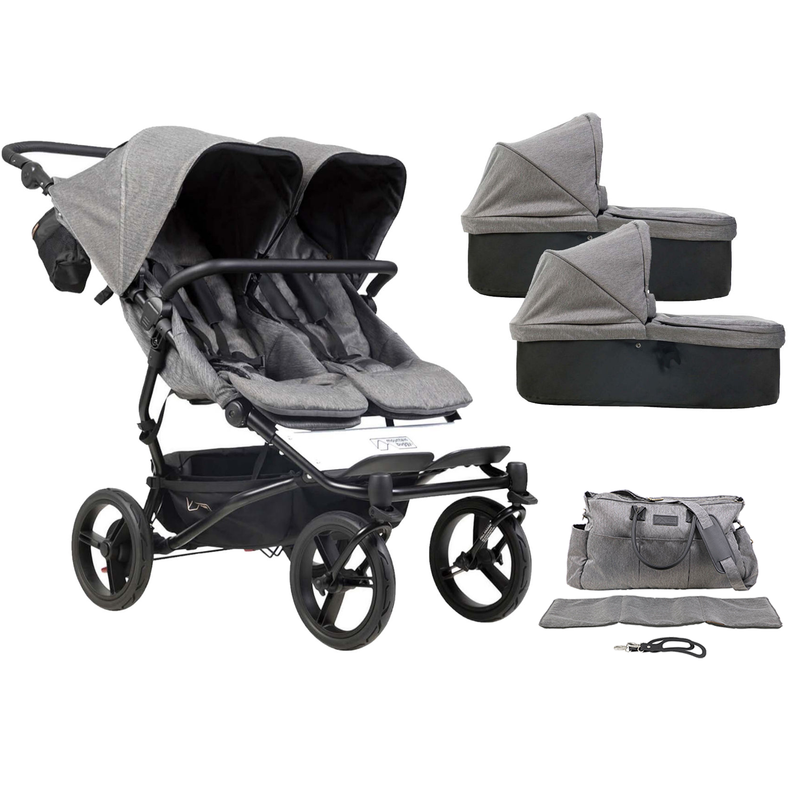 Mountain Buggy Duet Luxury Twin Pushchair With 2 Carrycots with Left Clip - Herringbone
