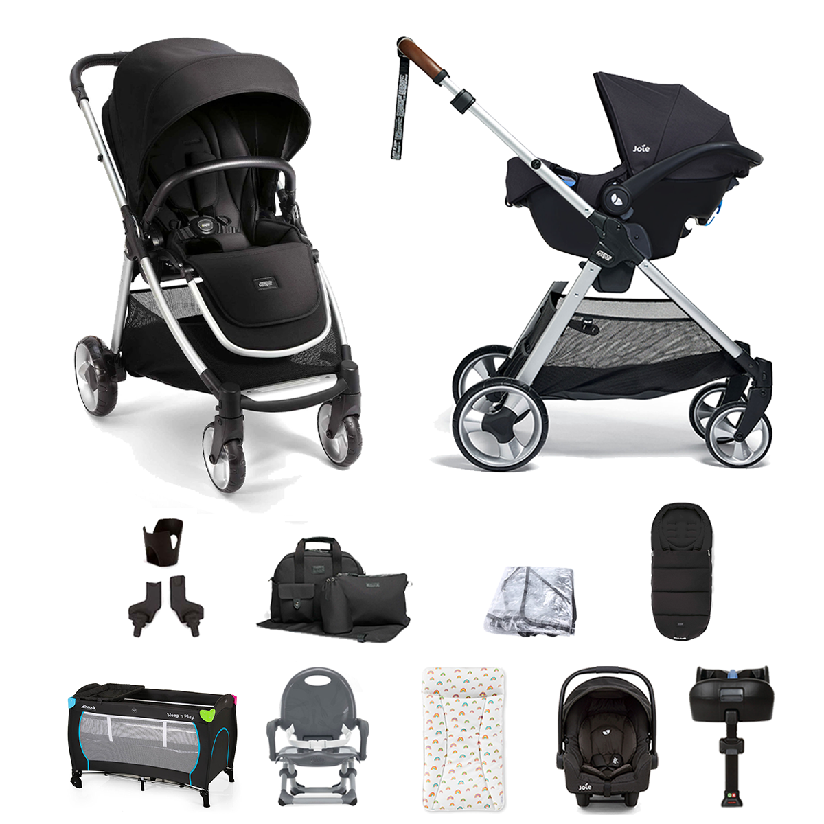 Mamas & Papas Flip XT2 11pc Essentials (Gemm Car Seat) Everything You Need Travel System Bundle with ISOFIX Base  - Black