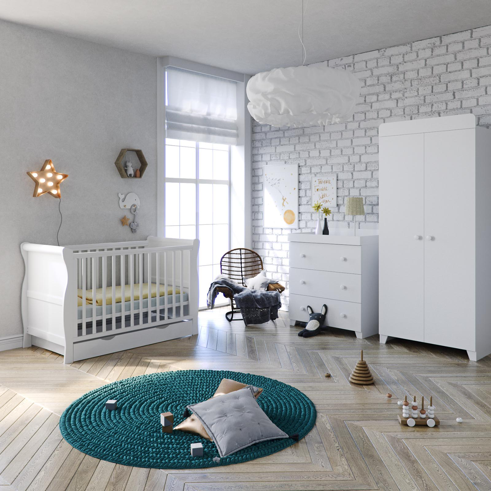 Puggle Alderley Sleigh Cot Bed 6 Piece Nursery Furniture Set Deluxe 5inch Maxi Air Cool Mattress  - Classic White