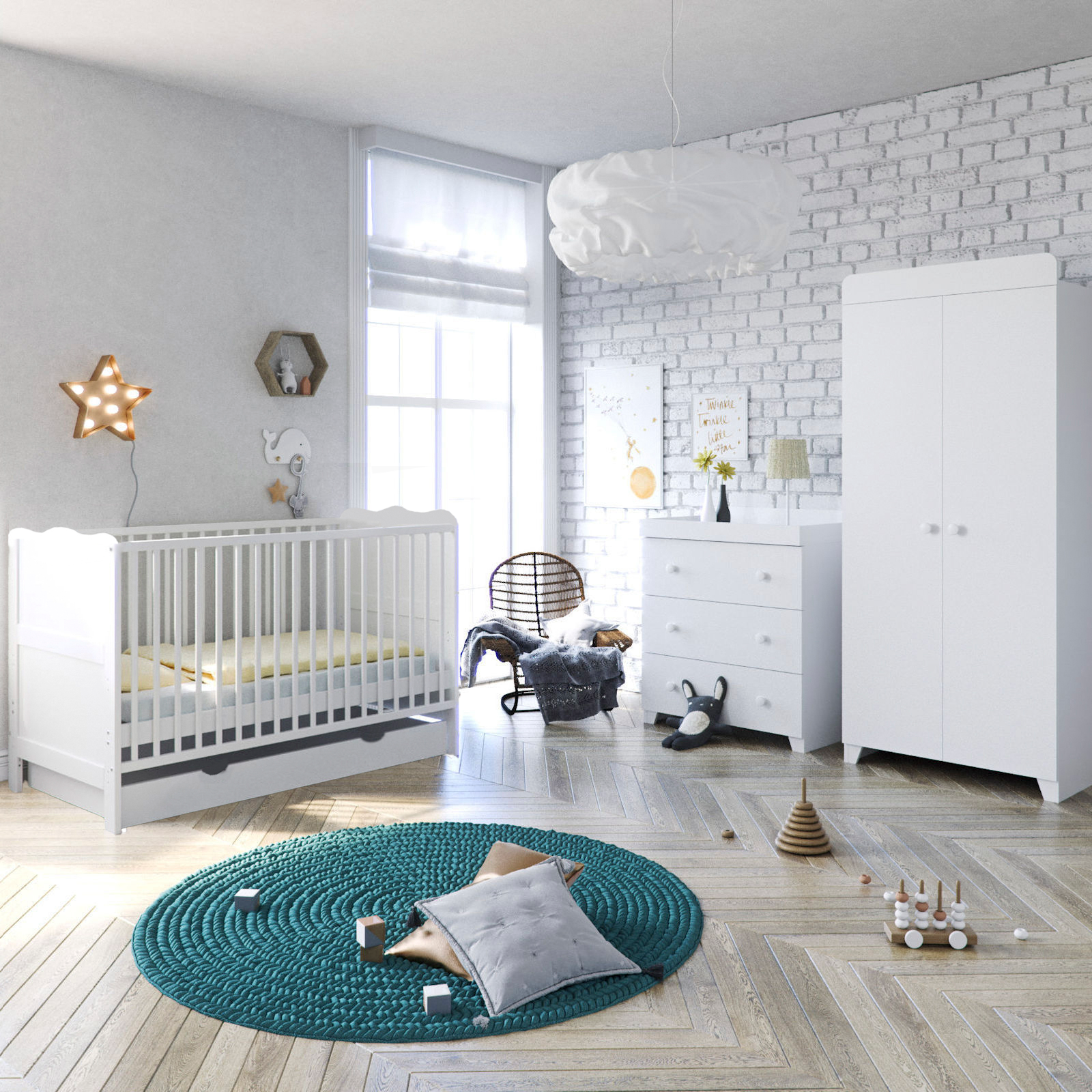 Puggle Henbury Cot Bed 6 Piece Nursery Furniture Set Deluxe 5inch Maxi Air Cool Mattress  - Classic White