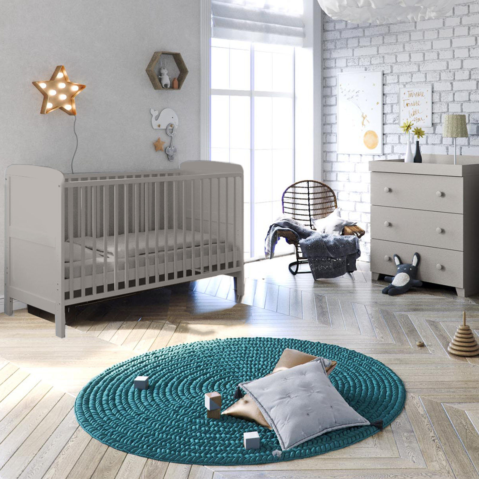 Puggle Henbury Cot Bed 4 Piece Nursery Furniture Set With Deluxe Eco Fibre Mattress  - Classic Grey