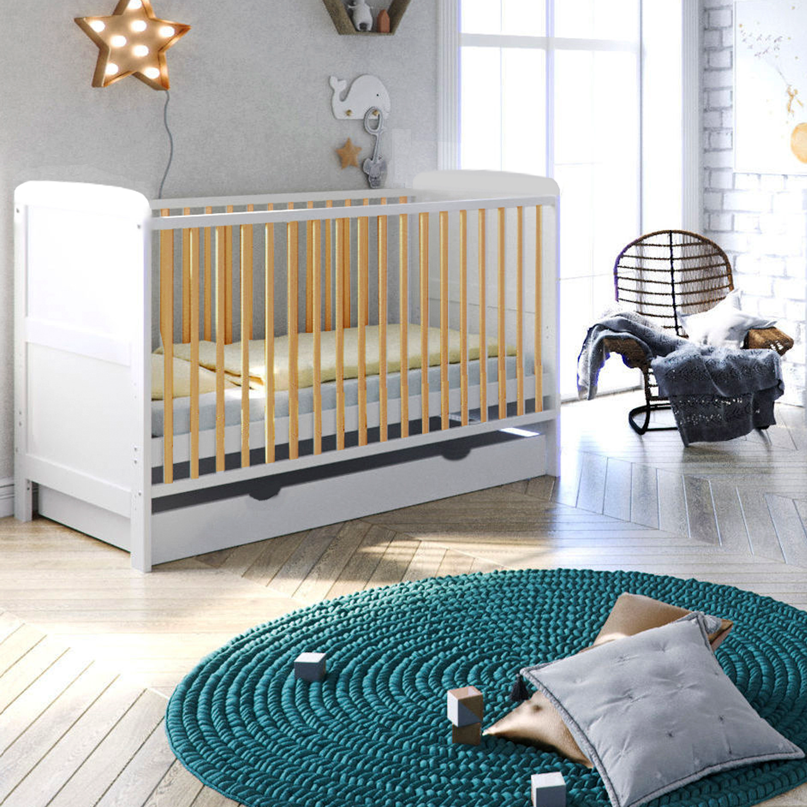 Puggle Henbury Cot Bed With Deluxe 5inch Maxi Air Cool Mattress - White & Natural