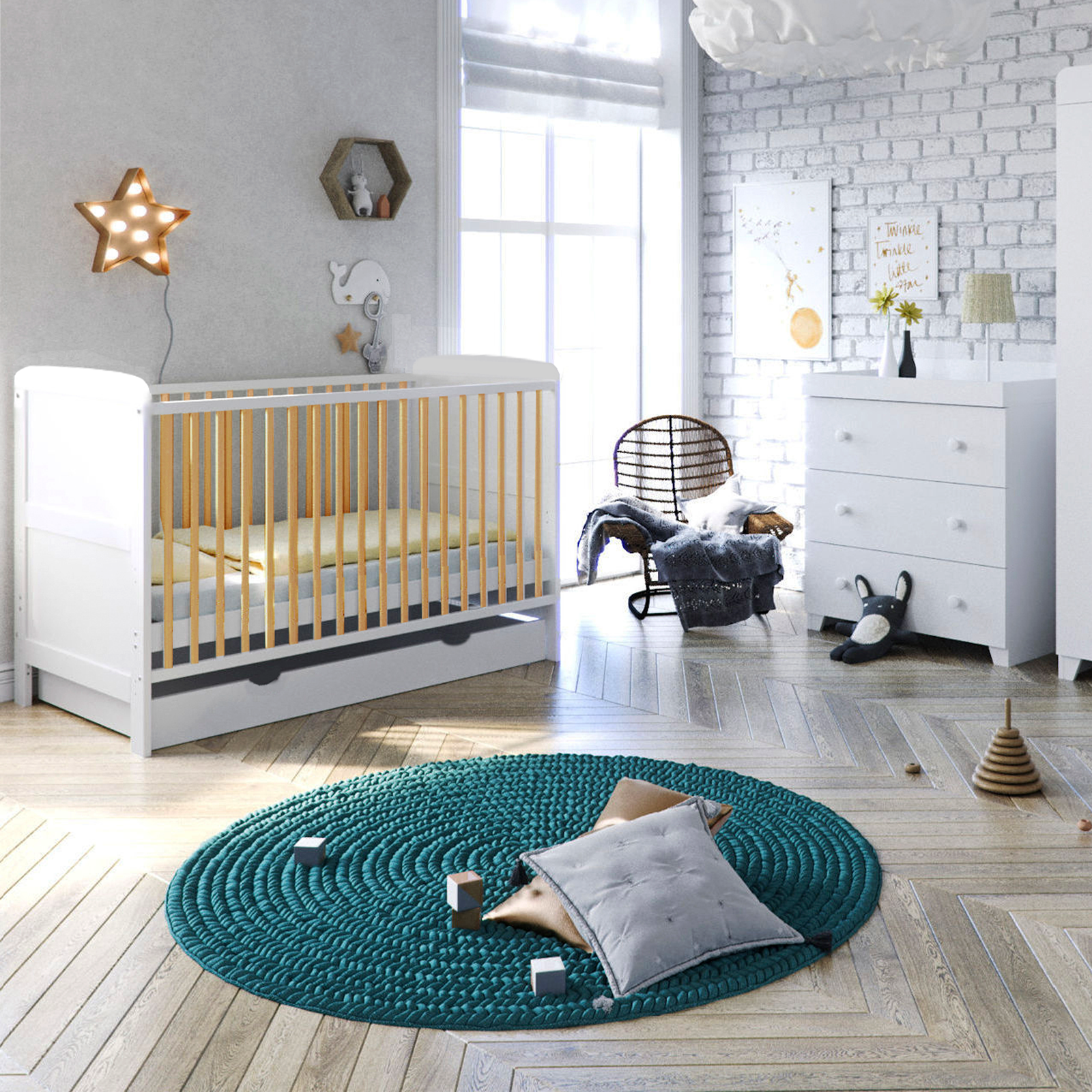 Puggle Henbury Cot Bed 5 Piece Nursery Furniture Set With Deluxe Eco Fibre Mattress  - White & Natural