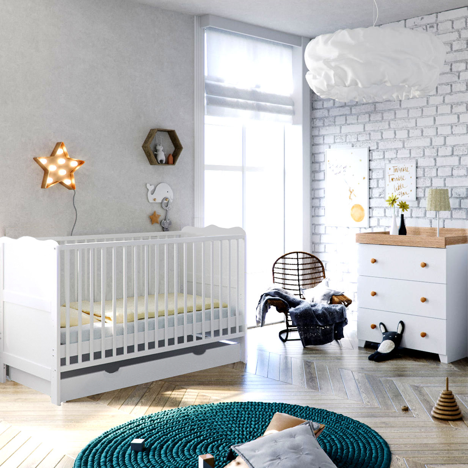 Puggle Henbury Cot Bed 5 Piece Nursery Furniture Set With Deluxe Eco Fibre Mattress  - White & Oak