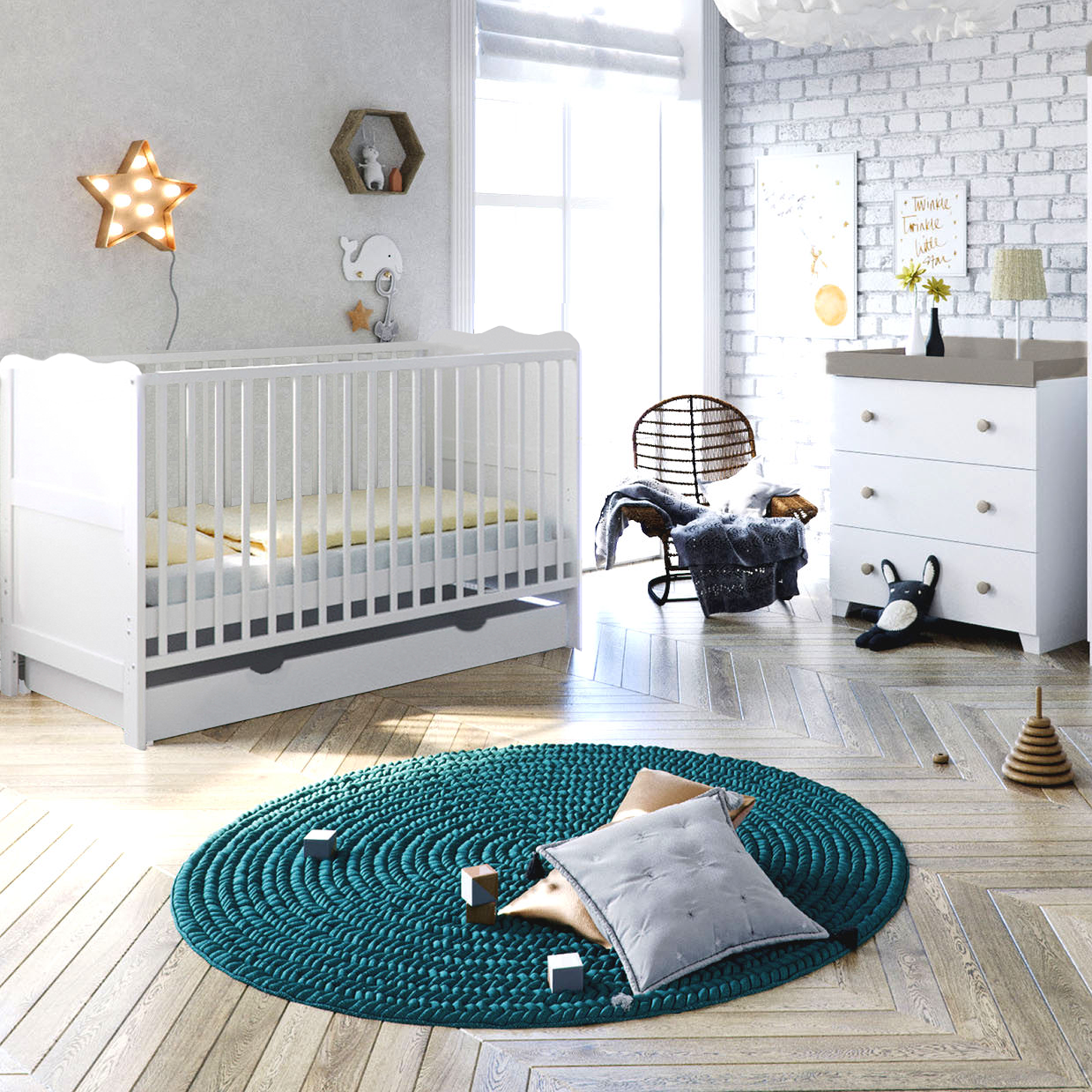 Puggle Henbury Cot Bed 5 Piece Nursery Furniture Set With Deluxe Eco Fibre Mattress  - White & Grey