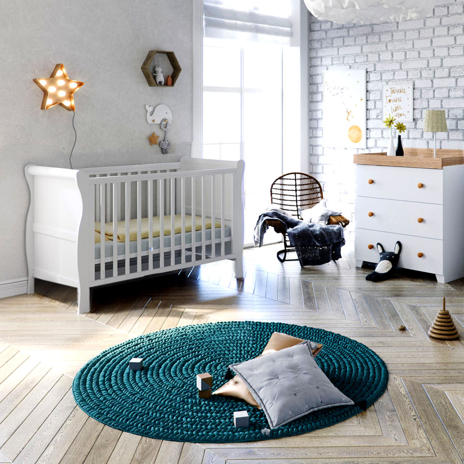 Puggle Alderley Sleigh Cot Bed 4 Piece Nursery Furniture Set With Deluxe 5inch Maxi Air Cool Mattress  - White & Oak
