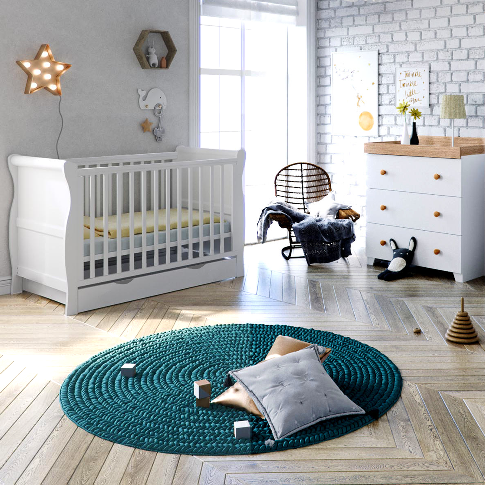 Puggle Alderley Sleigh Cot Bed 4 Piece Nursery Furniture Set With Drawer  - White & Oak