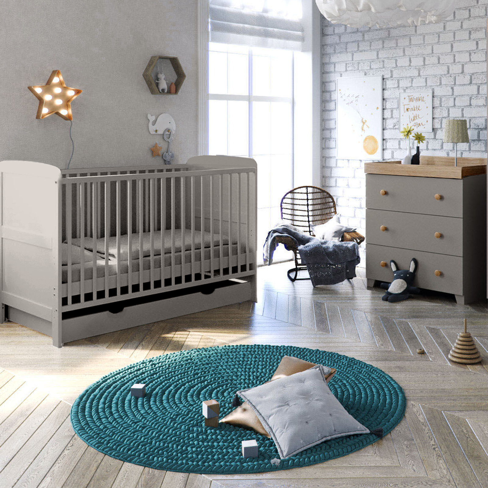 Puggle Henbury Cot Bed 5 Piece Nursery Furniture Set With Deluxe 5inch Maxi Air Cool Mattress  - Grey & Oak