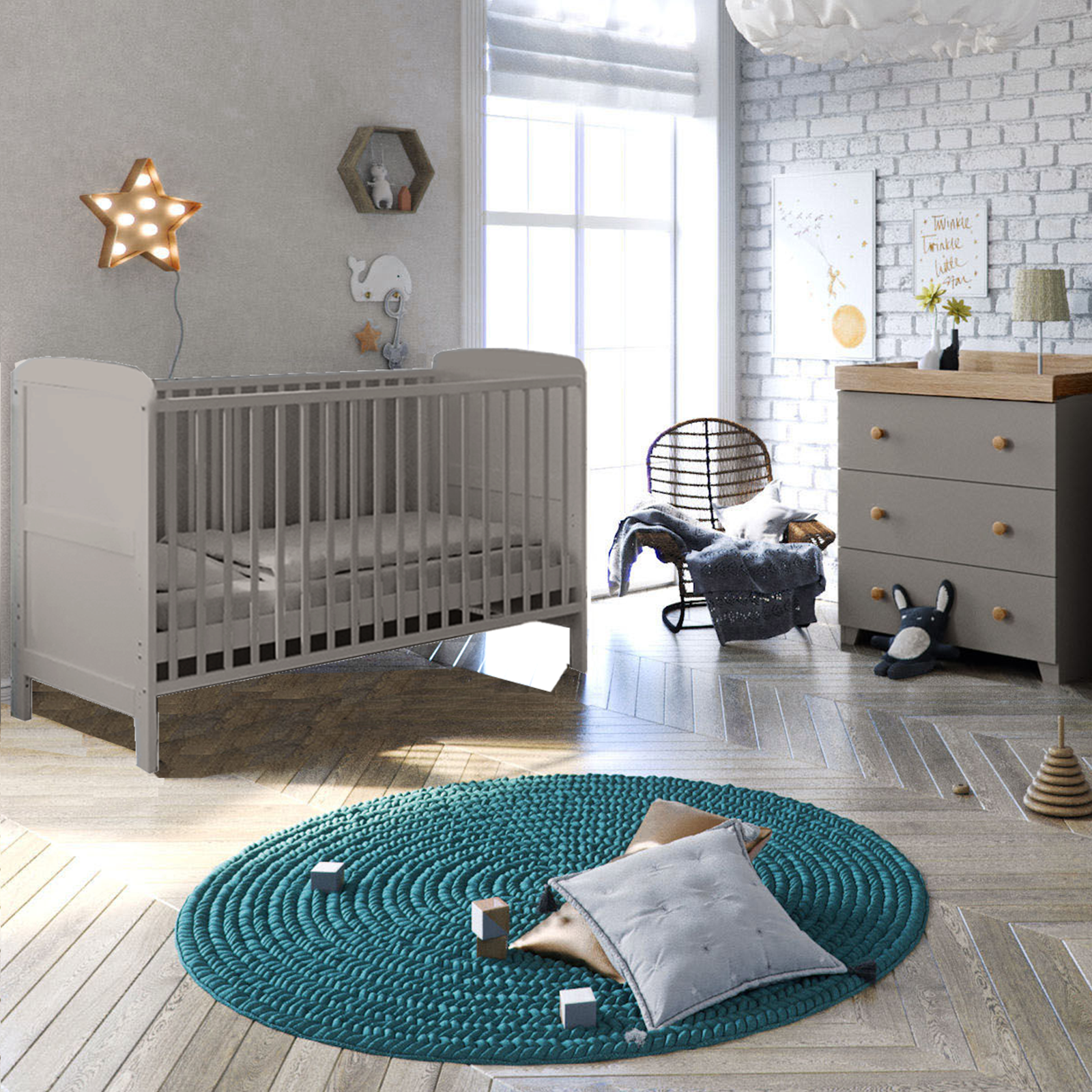 Puggle Henbury Cot Bed 4 Piece Nursery Furniture Set With Deluxe Eco Fibre Mattress  - Grey & Oak