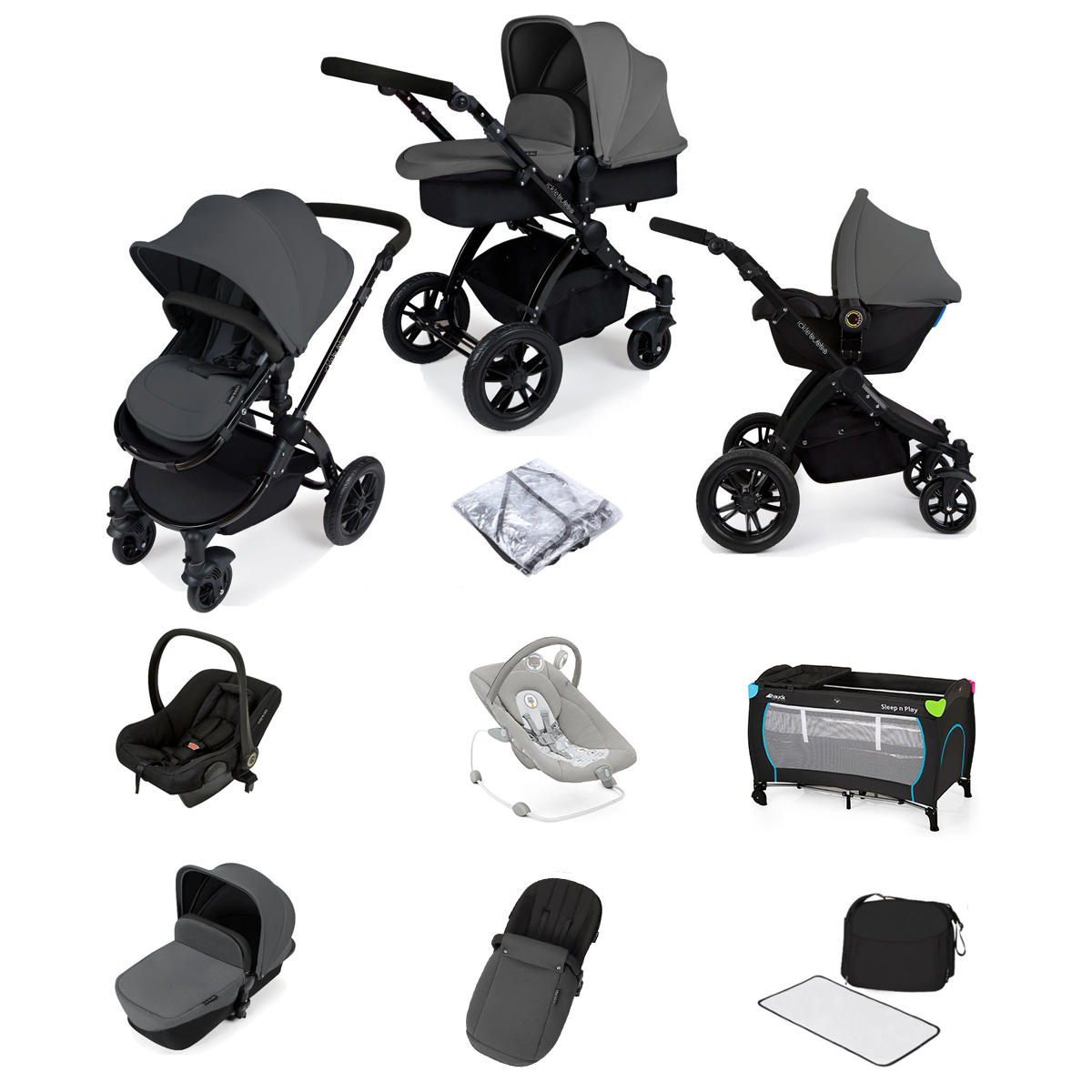 Ickle Bubba Stomp V2 (Black Frame) All In One (Astral) 9 Piece Travel System Bundle - Graphite Grey