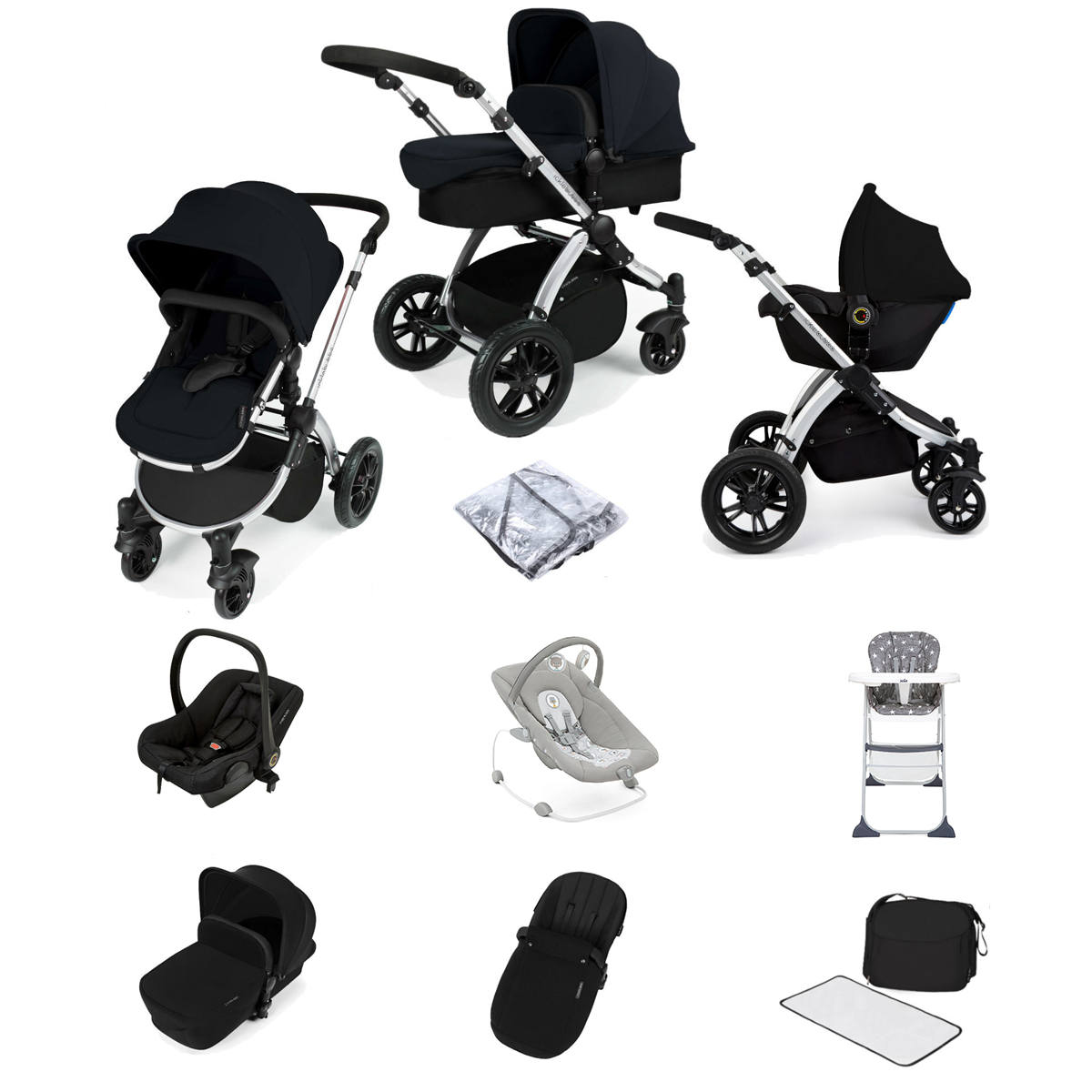 Ickle Bubba Stomp V2 (Silver Frame) All In One (Astral) 9 Piece Travel System Bundle - Black