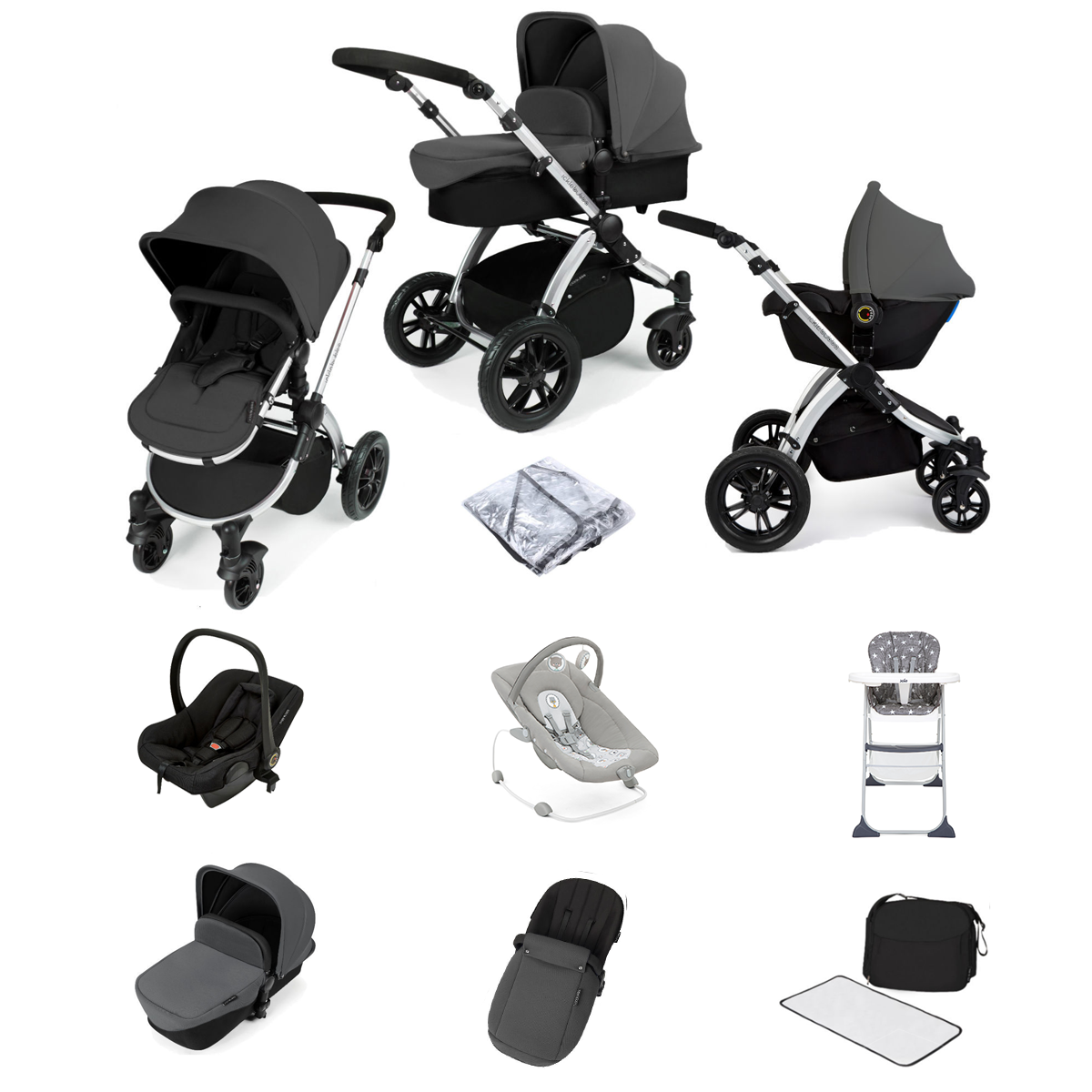 Ickle Bubba Stomp V2 (Silver Frame) All In One (Astral) 9 Piece Travel System Bundle - Graphite Grey