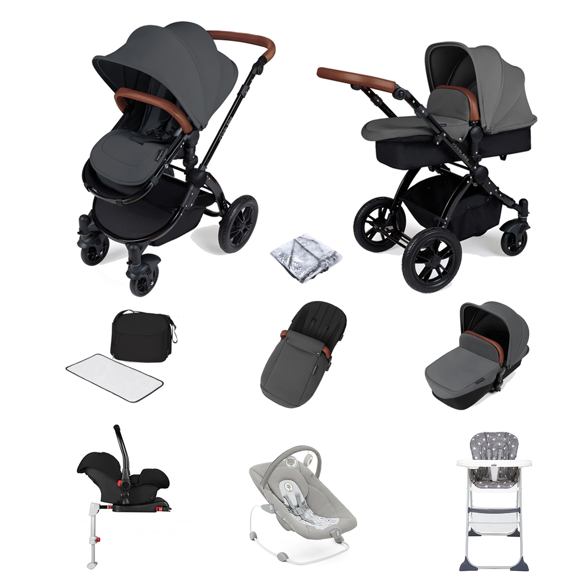 ickle bubba Stomp V3 (Black Frame) All In One 9 Piece Travel System Bundle with Isofix Base - Graphite Grey