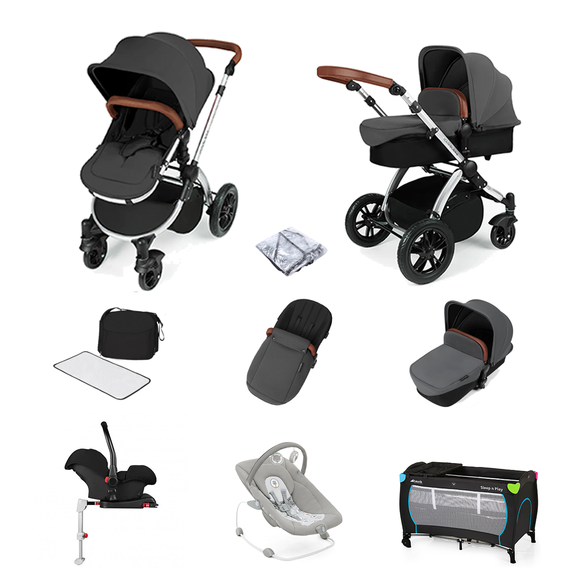 ickle bubba Stomp V3 (Silver Frame) All In One 9 Piece Travel System Bundle with Isofix Base - Graphite Grey