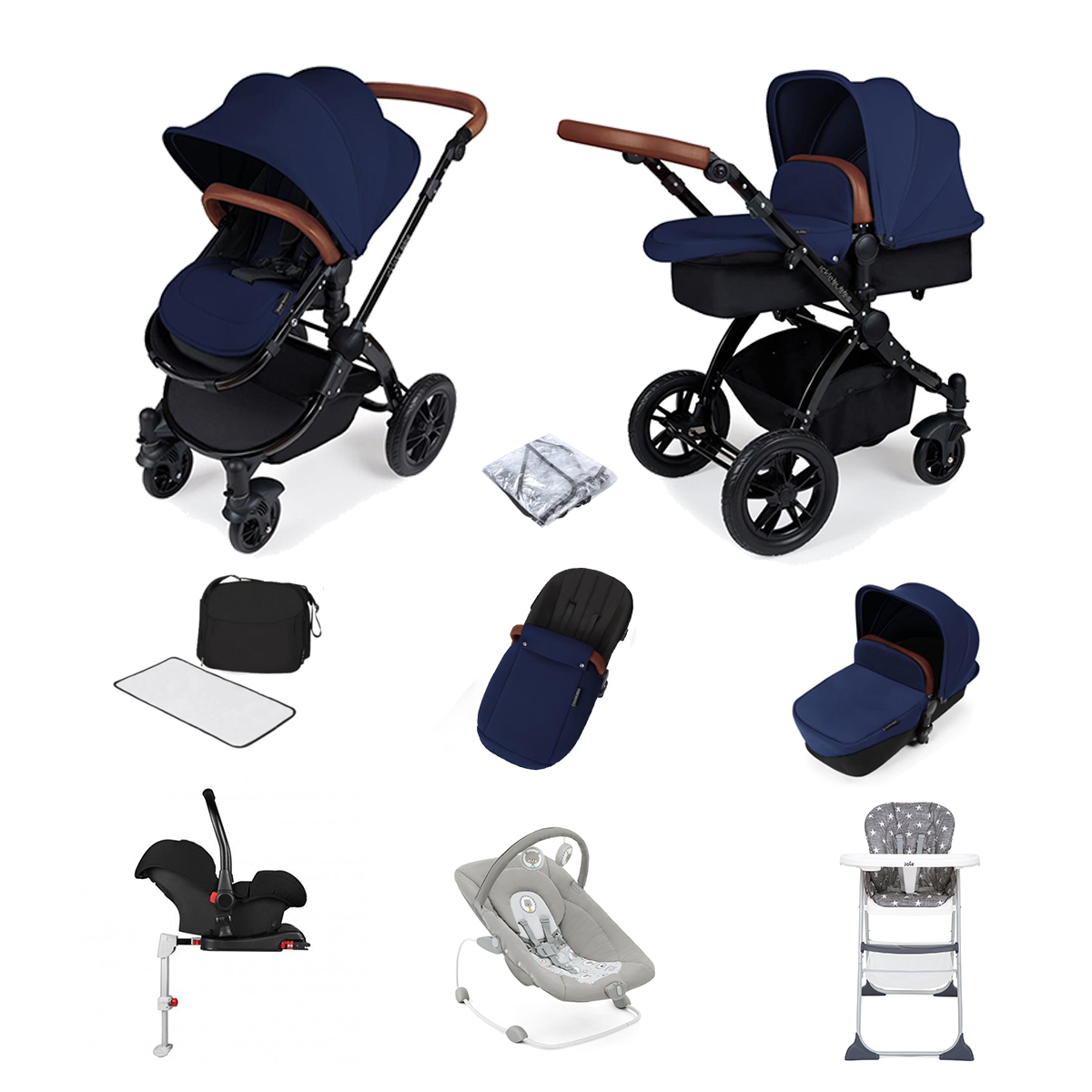 ickle bubba Stomp V3 (Black Frame) All In One 9 Piece Travel System Bundle with Isofix Base - Navy