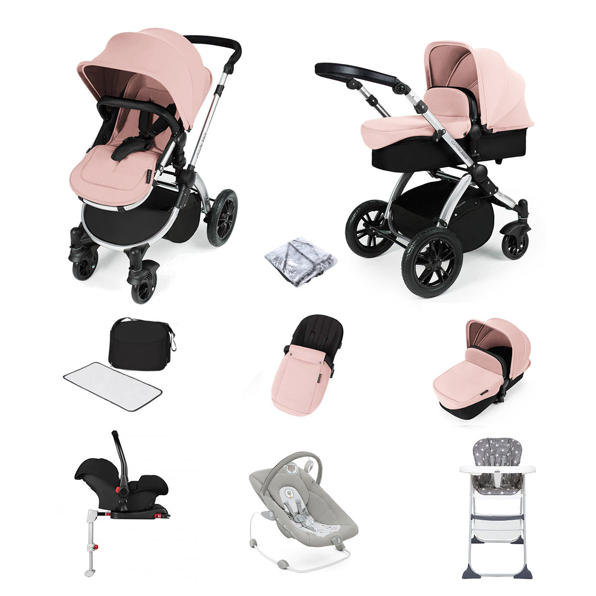 ickle bubba Stomp V3 (Silver Frame) All In One 9 Piece Travel System Bundle with Isofix Base - Pink
