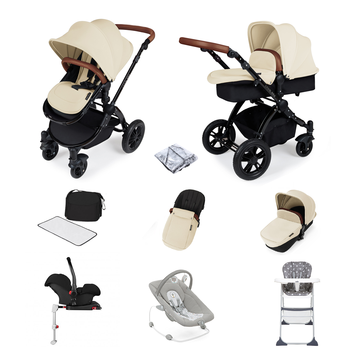 ickle bubba Stomp V3 (Black Frame) All In One 9 Piece Travel System Bundle with Isofix Base - Sand