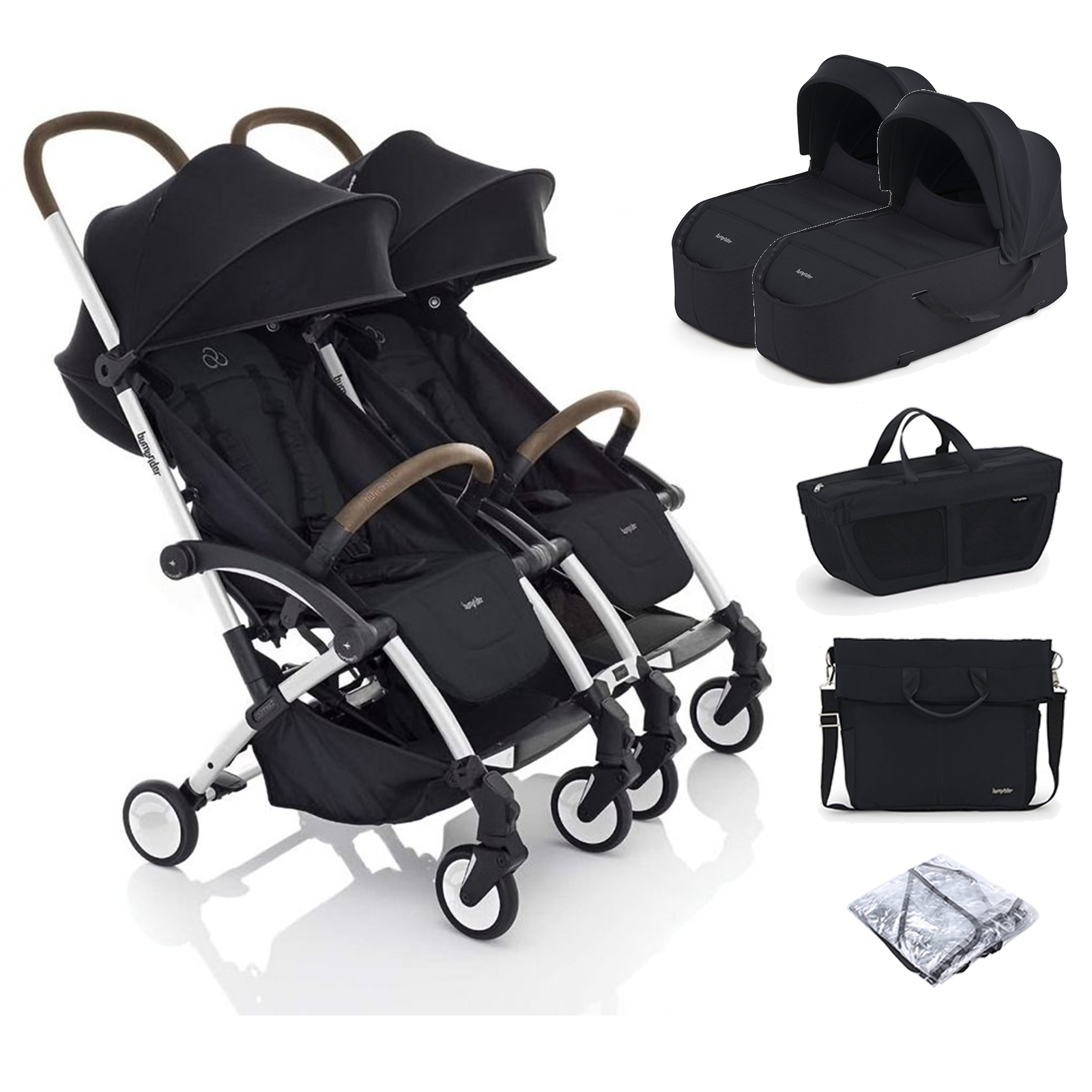 Bumprider  Connect2 Double Stroller with Carrycot, Side Bag & Side Pack - White & Black & Grey