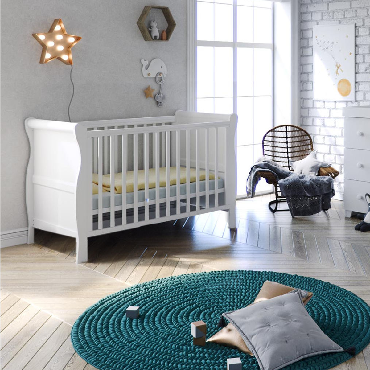 Puggle Alderley Sleigh Cot Bed With Deluxe Eco Fibre Mattress  - Classic White...