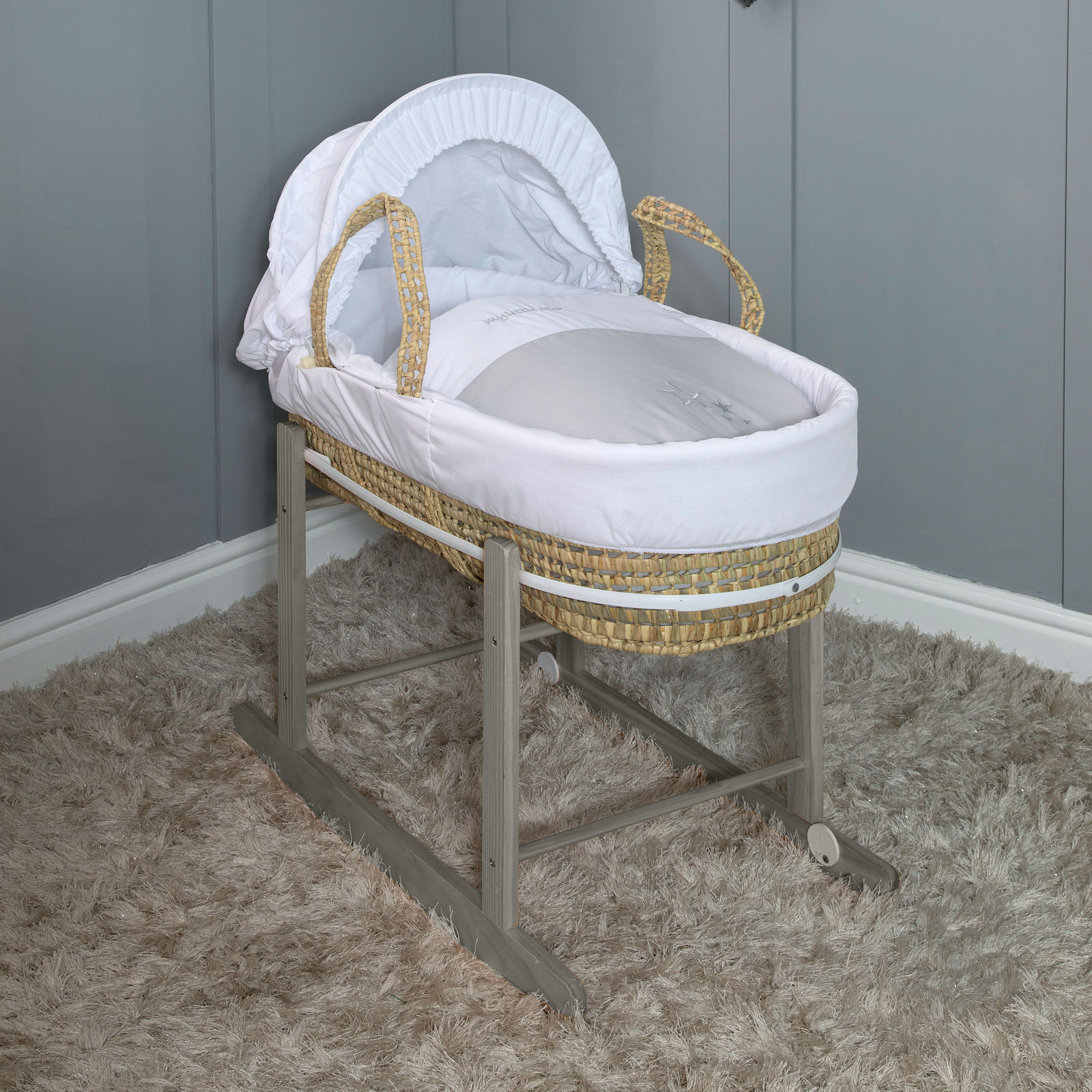 4Baby My Little Star Palm Moses Basket with Grey Rocking Stand - White/Grey