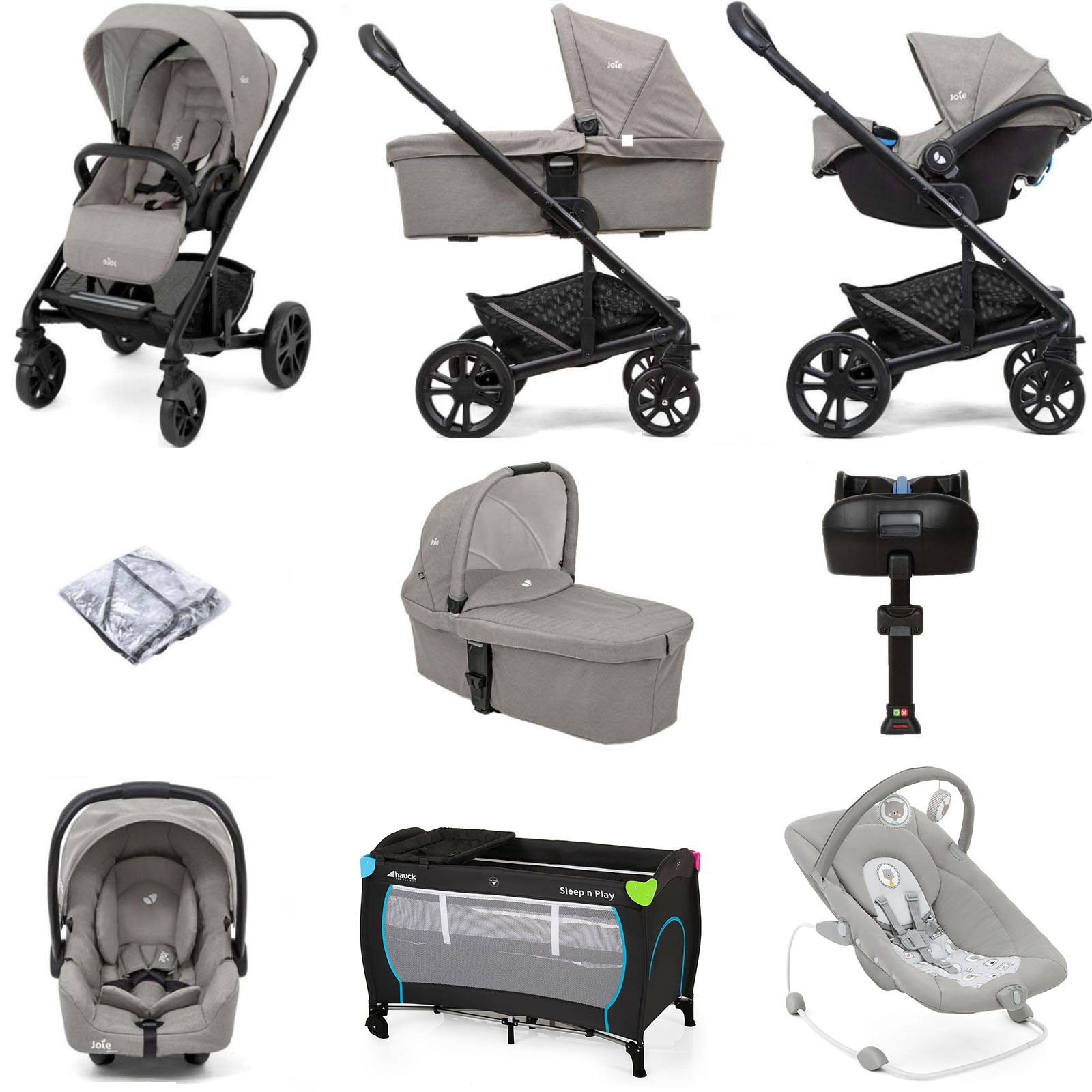 Joie Chrome (Gemm) Everything You Need Travel System Bundle with Carrycot & ISOFIX Base - Pebble