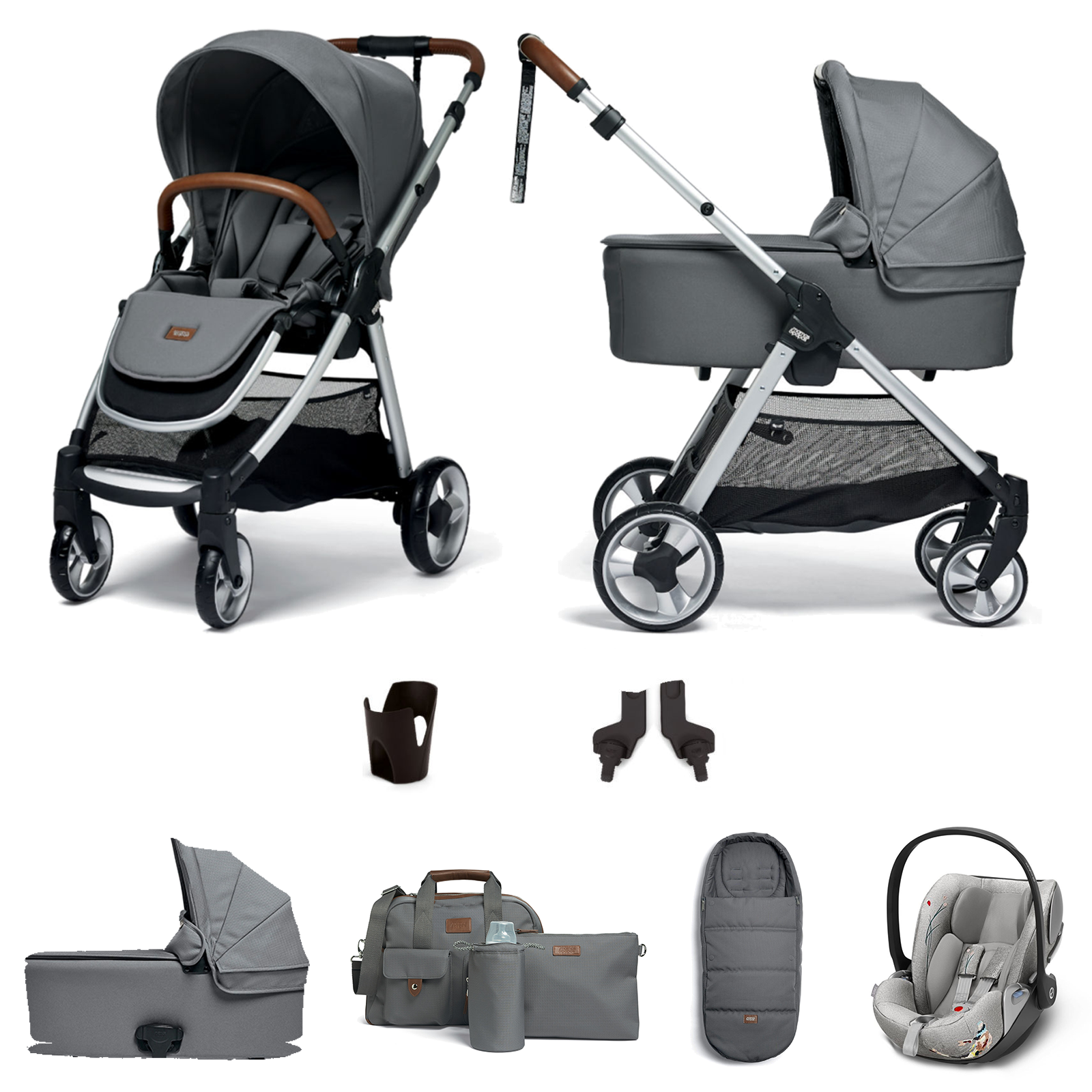 Mamas & Papas Flip XT2 Essentials (Cloud Z Car Seat) Travel System with Footmuff, Changing Bag & Carrycot - Fossil Grey