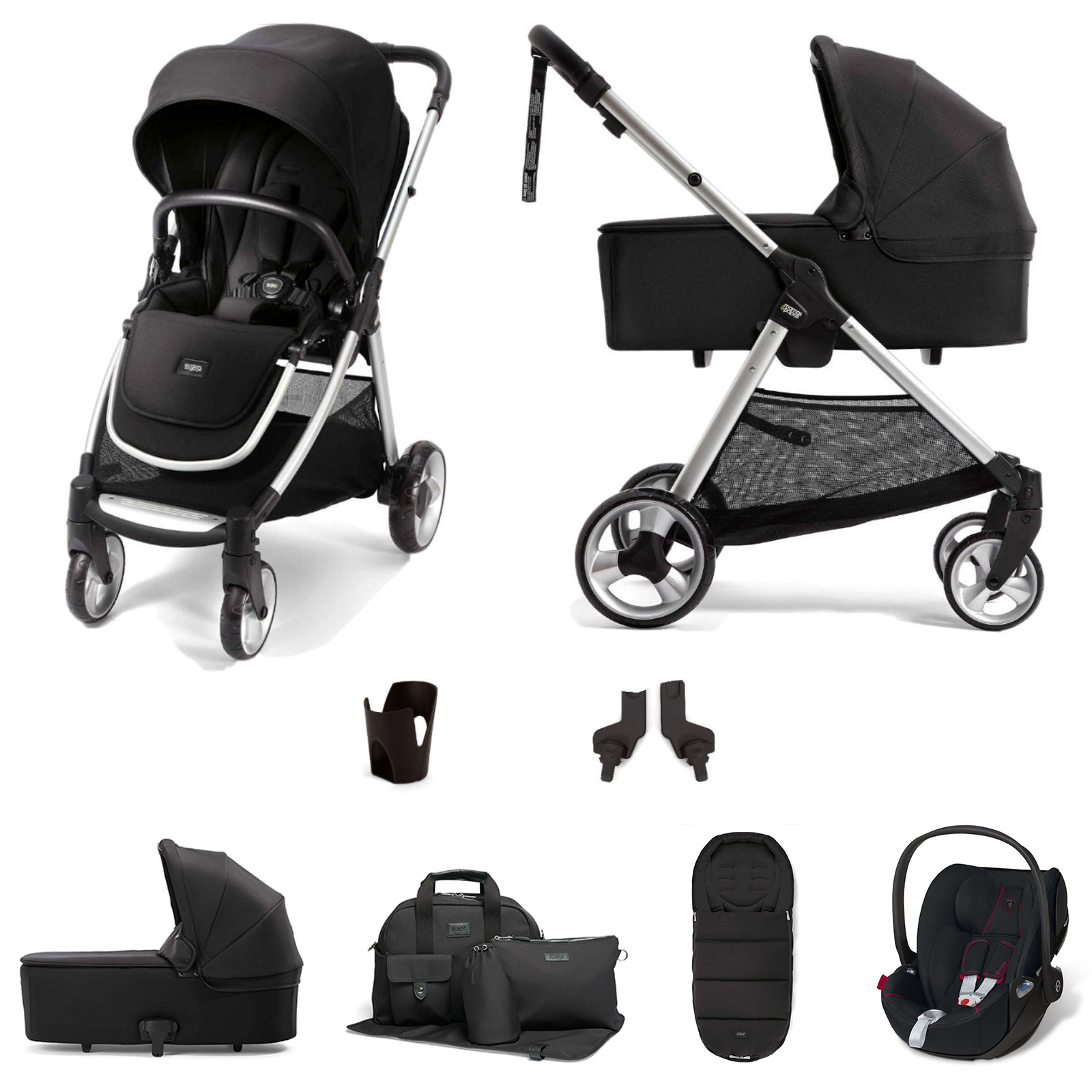 Mamas & Papas Flip XT2 Essentials (Cloud Z Car Seat) Travel System with Footmuff, Changing Bag & Carrycot - Black