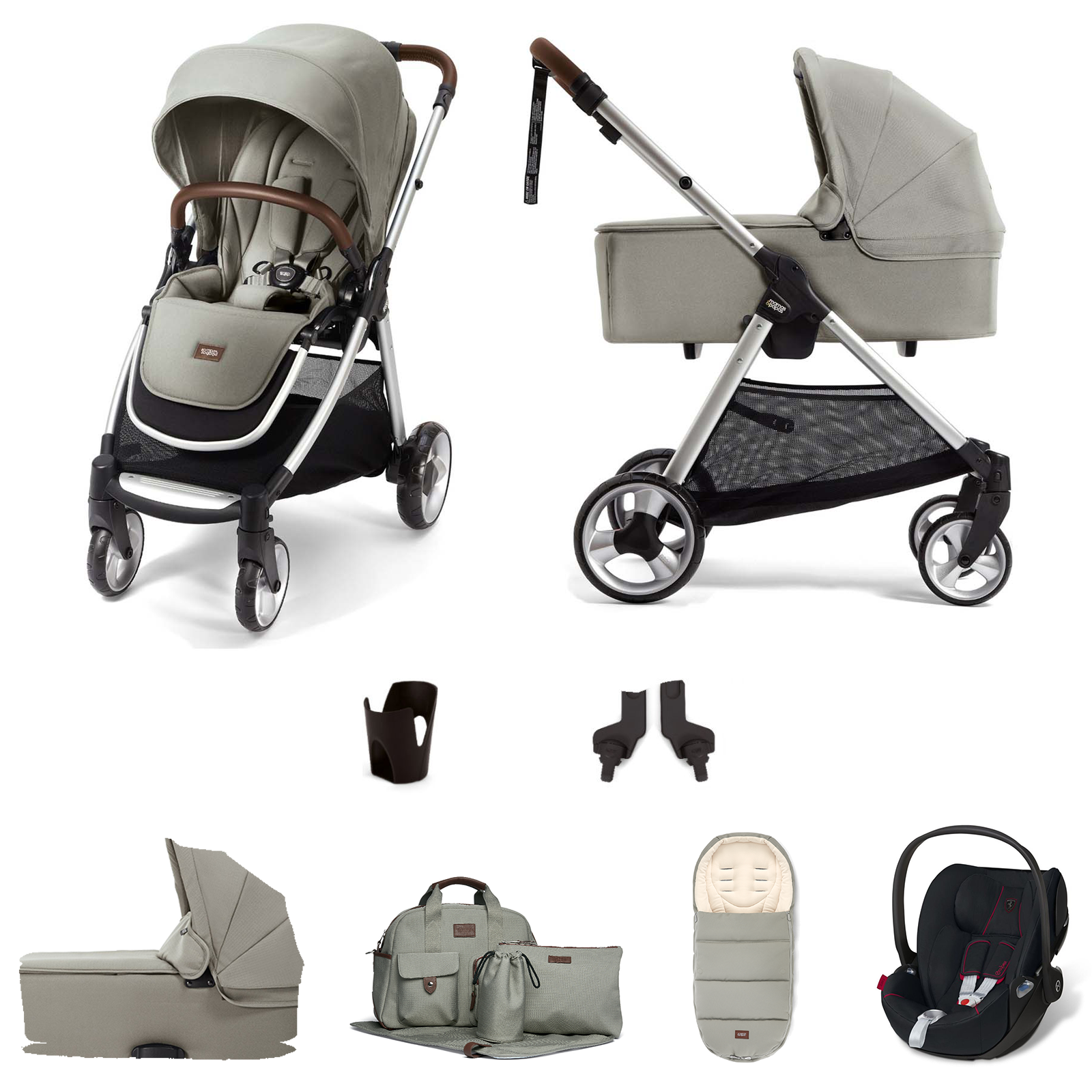 Mamas & Papas Flip XT2 Essentials (Cloud Z Car Seat) Travel System with Footmuff, Changing Bag & Carrycot - Sage Green