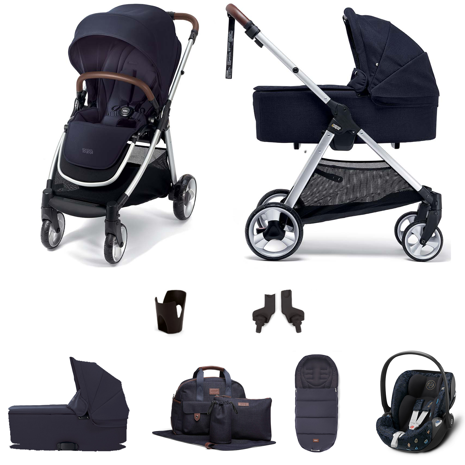 Mamas & Papas Flip XT2 Essentials (Cloud Z Car Seat) Travel System with Footmuff, Changing Bag & Carrycot - Navy
