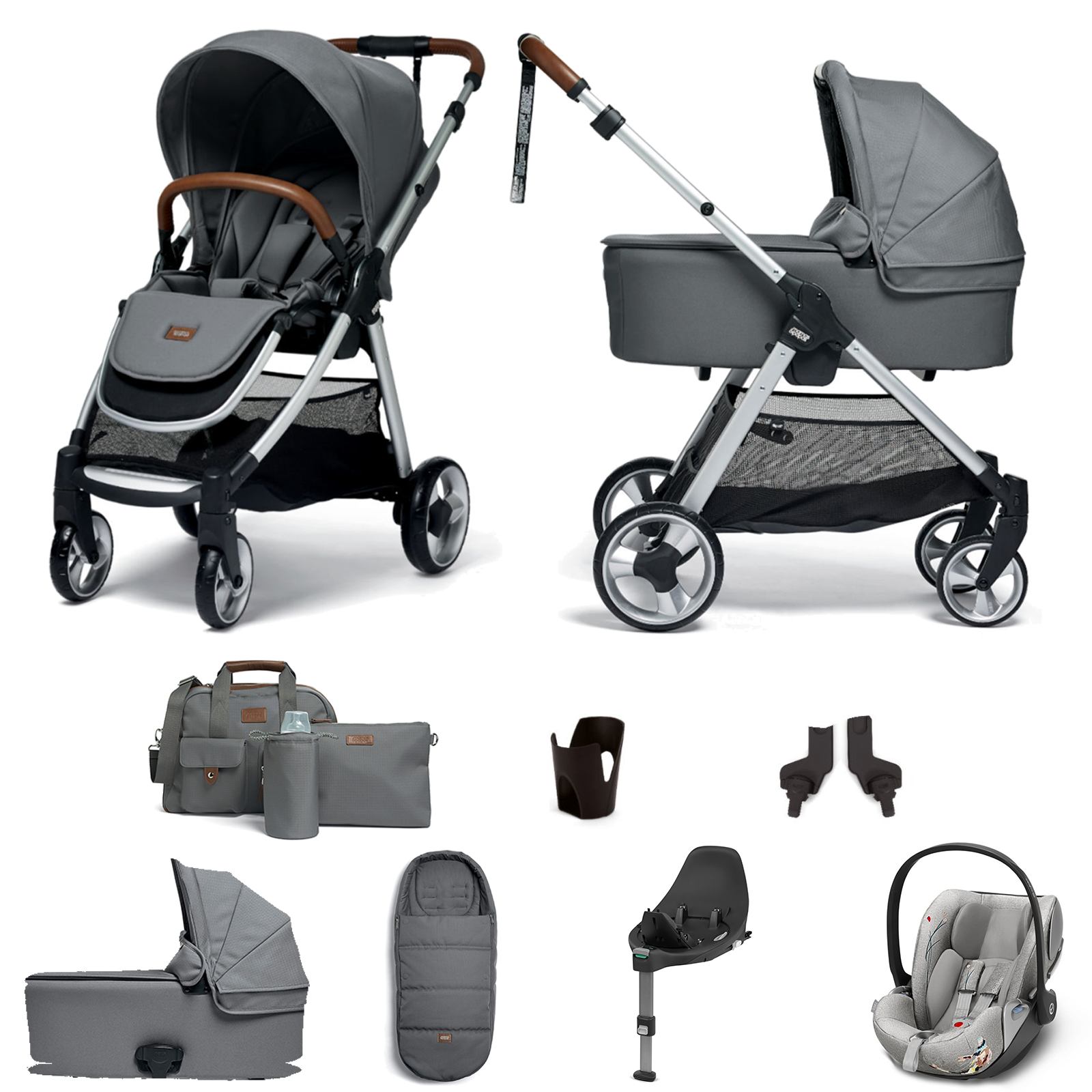 Mamas & Papas Flip XT2 Essentials (Cloud Z Car Seat & ISOFIX Base) Travel System with Carrycot, Footmuff & Changing Bag - Fossil Grey
