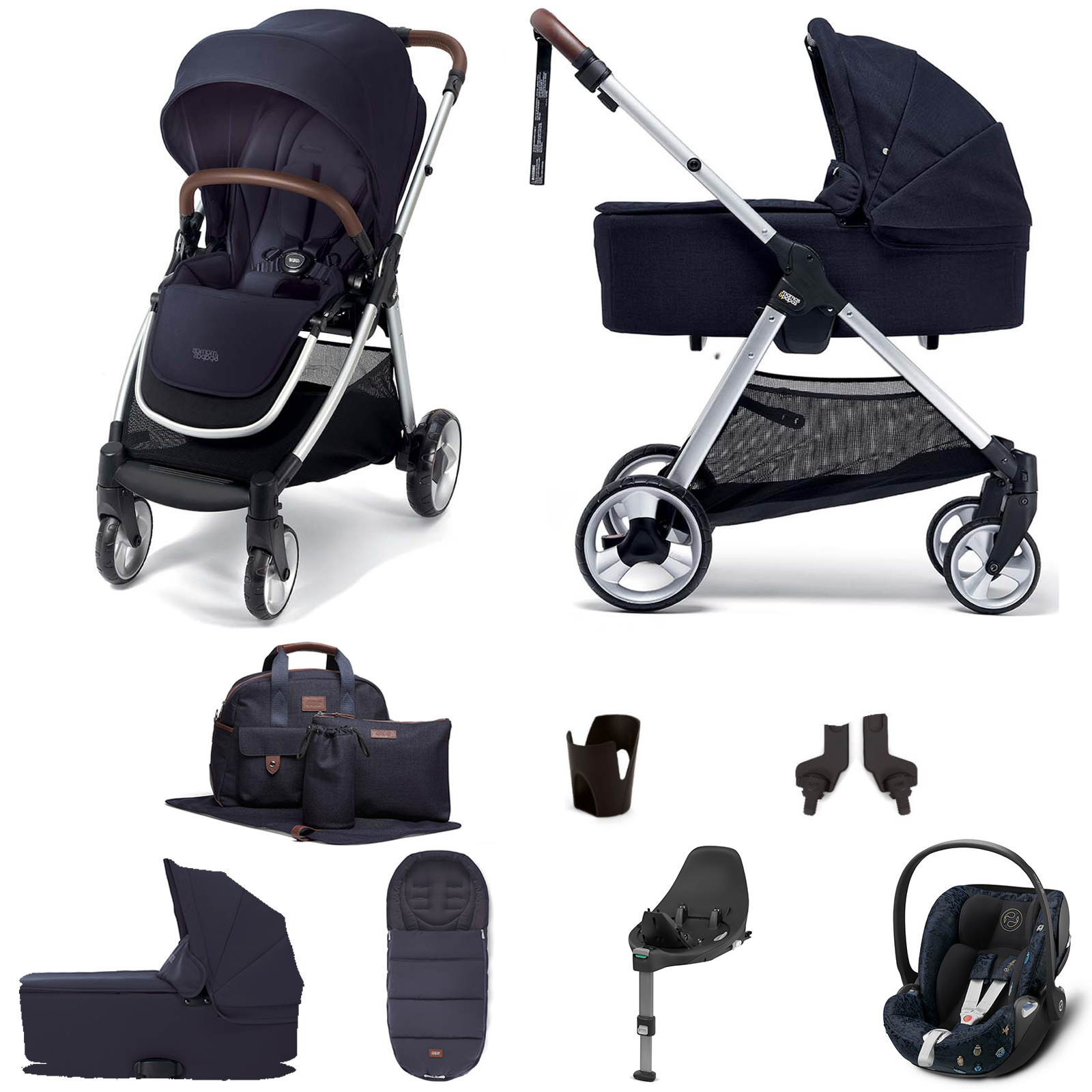 Mamas & Papas Flip XT2 Essentials (Cloud Z Car Seat & ISOFIX Base) Travel System with Carrycot, Footmuff & Changing Bag - Navy