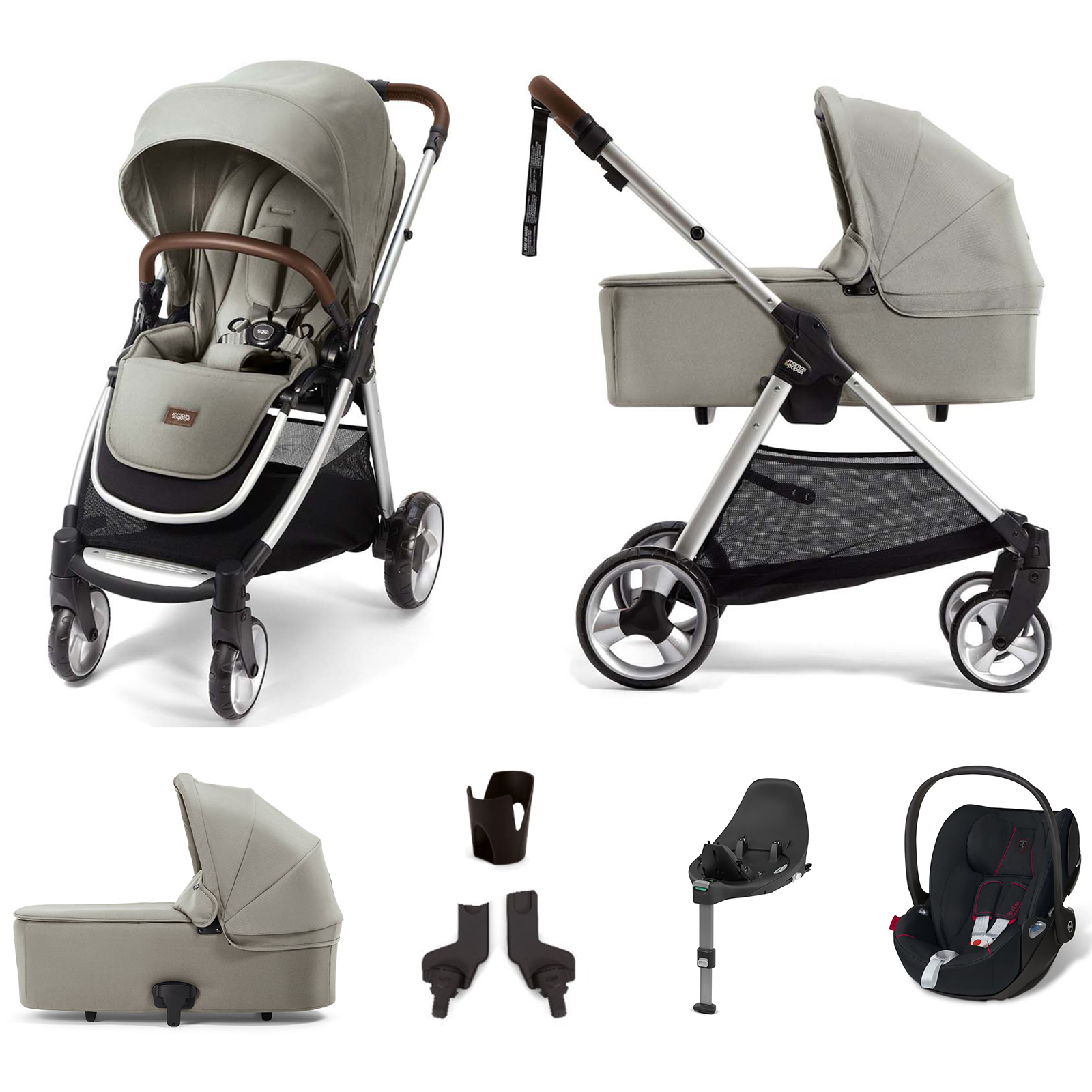 Mamas & Papas Flip XT2 6pc Essentials (Cloud Z Car Seat) Travel System with Carrycot & ISOFIX Base - Sage Green